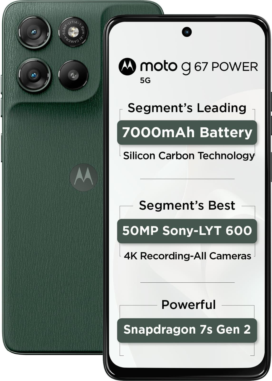 Motorola G67 Power 5G Pantone Cilantro 8GB RAM 128GB Storage 67 FHD 120Hz LCD Display Snapdragon 7s Gen2 Processor 50MP 8MP UW Camera 7000mAh Battery with 30W Charger IP64
