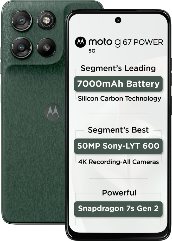 Image of Motorola G67 Power 5G (Pantone Cilantro, 8GB RAM, 128GB Storage) | 6.7" FHD+ 120Hz LCD Display | Snapdragon 7s Gen2 Processor | 50MP + 8MP UW Camera | 7000mAh Battery with 30W Charger | IP64