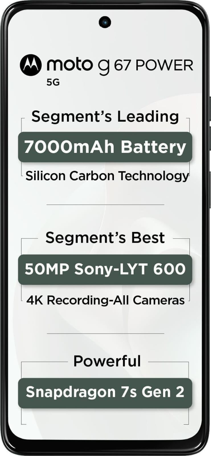Motorola G67 Power 5G Pantone Cilantro 8GB RAM 128GB Storage  67 FHD 120Hz LCD Display  Snapdragon 7s Gen2 Processor  50MP  8MP UW Camera  7000mAh Battery with 30W Charger  IP64