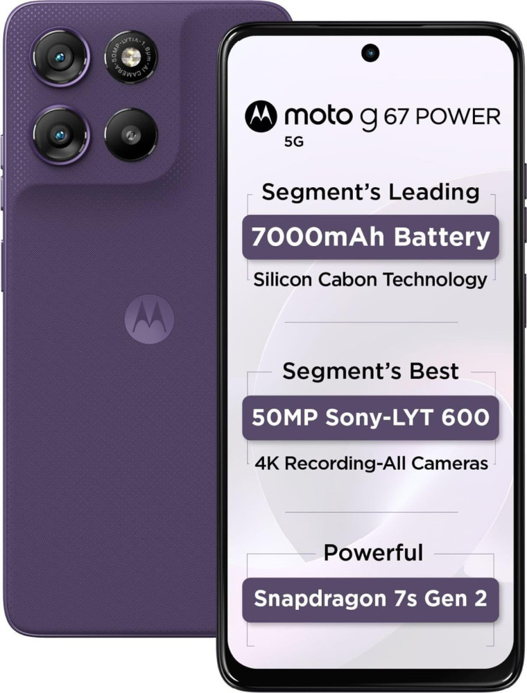 Image of Motorola G67 Power 5G (Pantone Parachute Purple, 8GB RAM, 128GB Storage) | 6.7" FHD+ 120Hz LCD Display | Snapdragon 7s Gen2 Processor | 50MP + 8MP UW Camera | 7000mAh Battery with 30W Charger | IP64