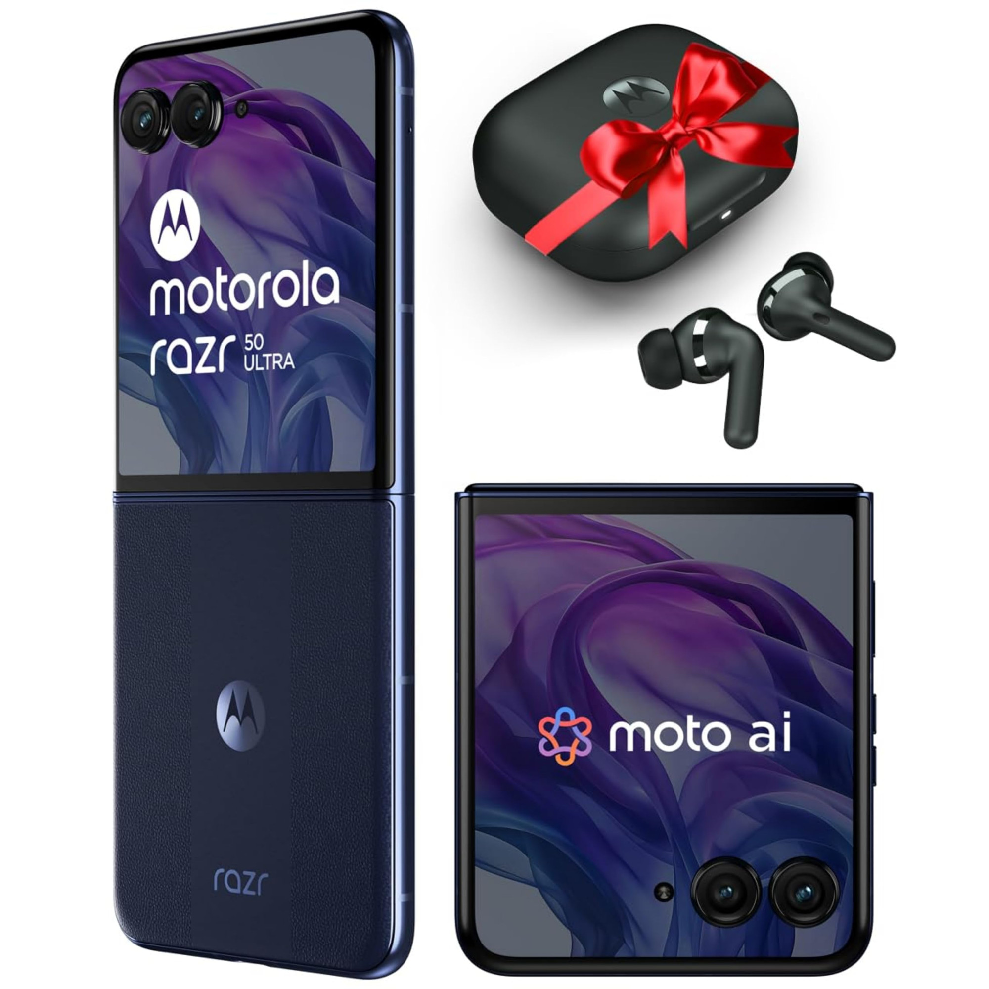 Motorola razr 50 Ultra with Moto Buds Moto ai 40 AMOLED Display Snapdragon 8s Gen 3 69 AMOLED 165Hz Display 32MP Selfie Camera Midnight Blue