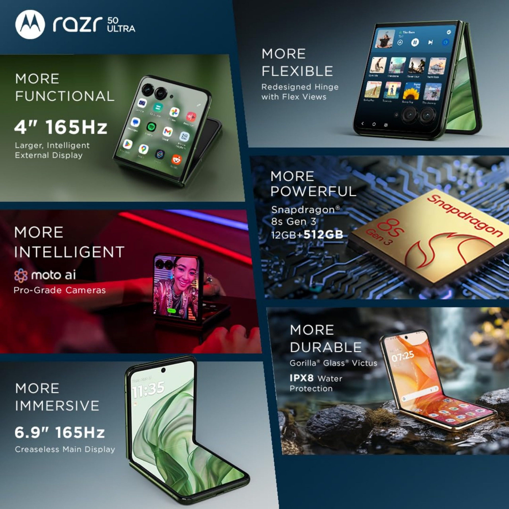 Motorola razr 50 Ultra with Moto Buds Moto ai 40 AMOLED Display Snapdragon 8s Gen 3 69 AMOLED 165Hz Display 32MP Selfie Camera Midnight Blue