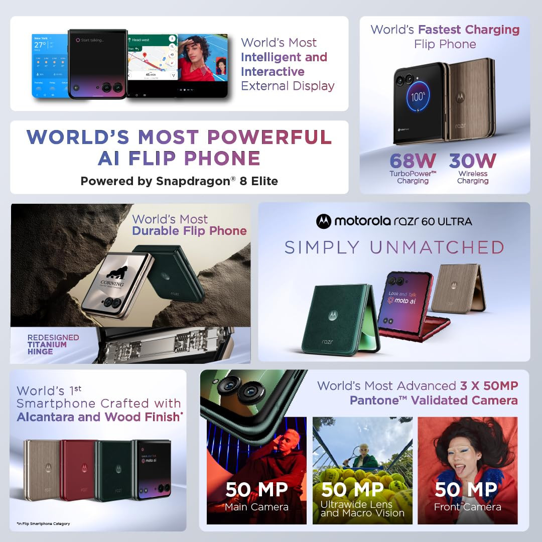 Motorola razr 60 Ultra Pantone Scarab 16 GB RAM 512 GB Storage Moto AI Snapdragon 8 Elite Mobile Platform 69 AMOLED 165Hz Display 50 MP 50 MP 50MP Triple Camera