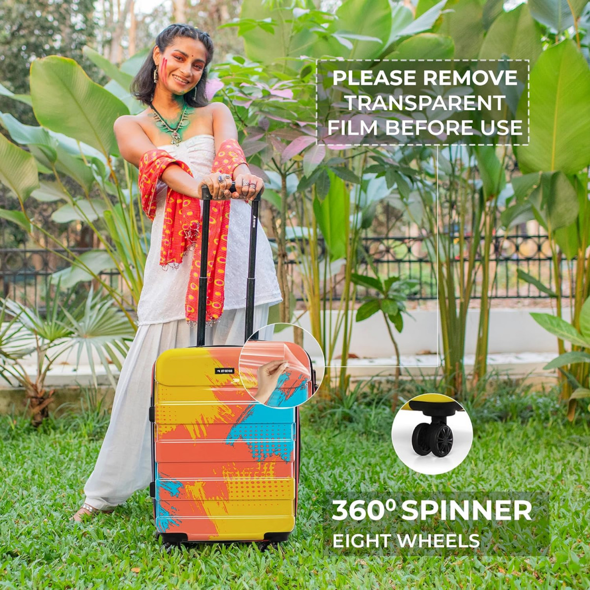 Nasher Miles Limited Edition Jet Set Go Real Hard-Sided Polycarbonate Printed Cabin Luggage Peach Yellow 20 inch 55cm Trolley Bag Suitcase