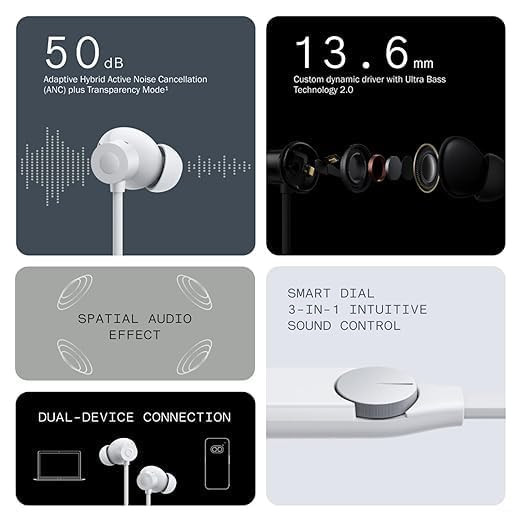 Neckband Pro Max Bluetooth in-Ear Headphones Compatible with CMF by Nothing 50Db Hybrid Active Noise CancellingEarbuds with 5 Hd MicsIp55 Bt53 37Hrs Long Play TimeDual DevicConnection Gray