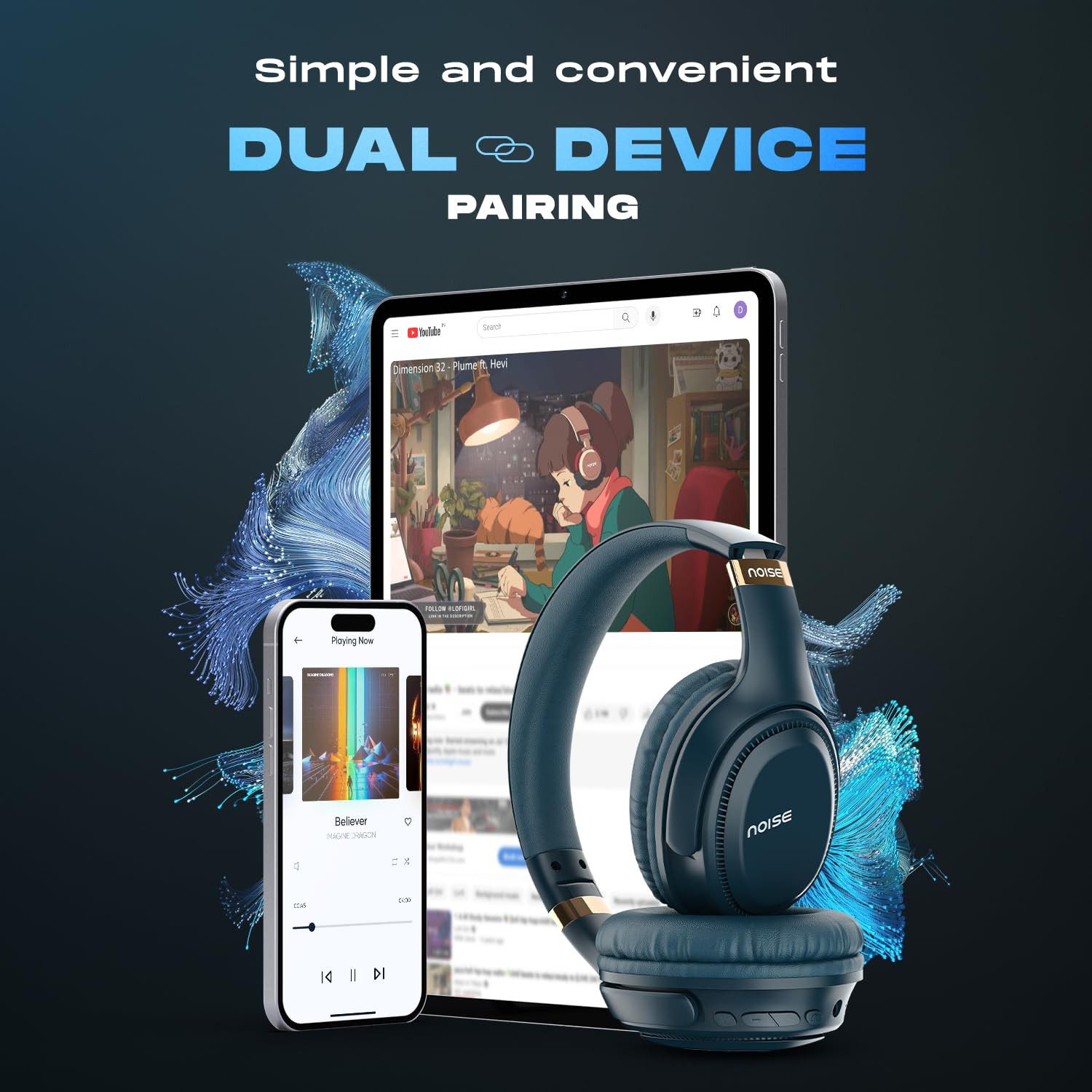 Noise Airwave Max 3 Bluetooth On-Ear Headphones with 70H Playtime 40mm Driver Low Latencyup to 45msDual Pairing BT v53 Midnight Blue