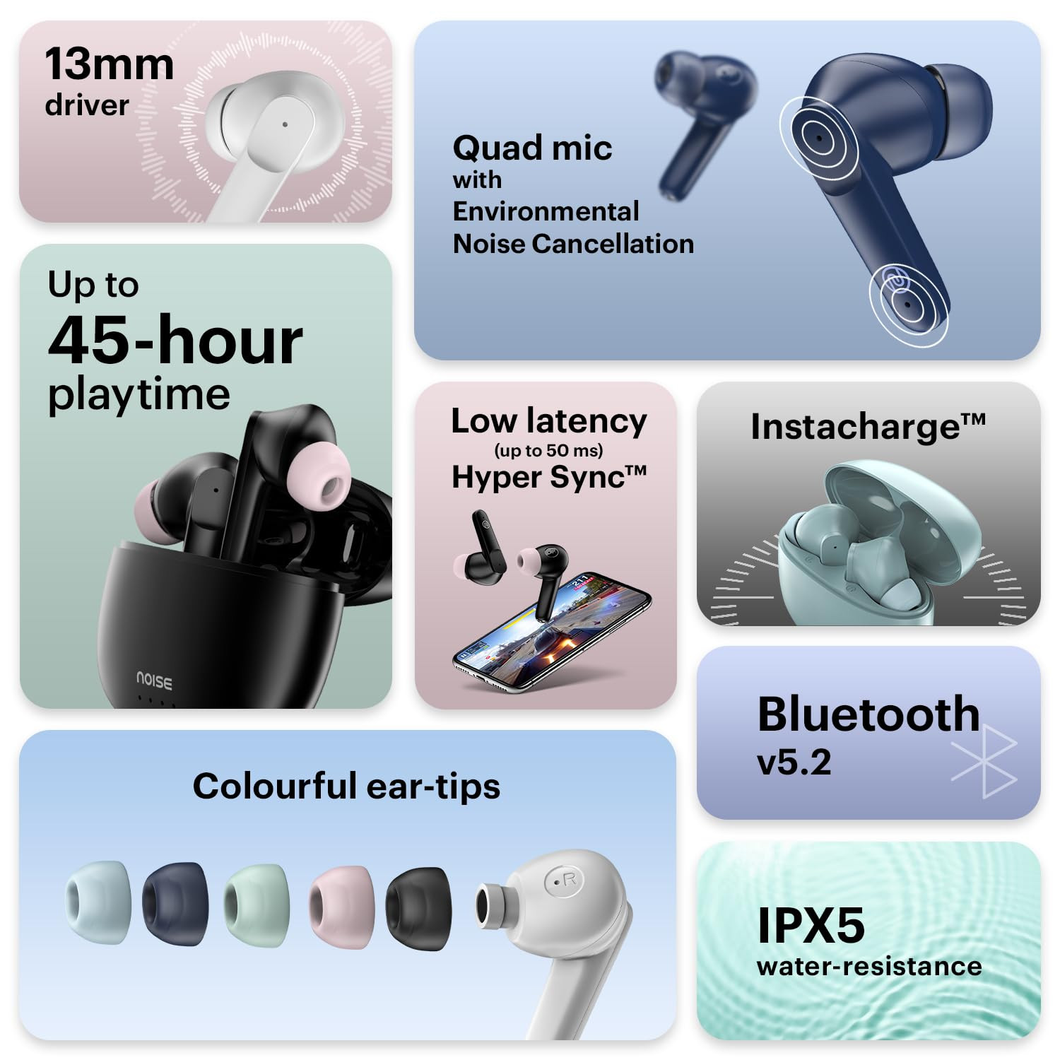 Noise Buds VS104 Truly Wireless in Earbuds with 45H of Playtime Quad Mic with ENC Instacharge10 Min200 Min 13Mm DriverLow Latency BT V52 Mint Green