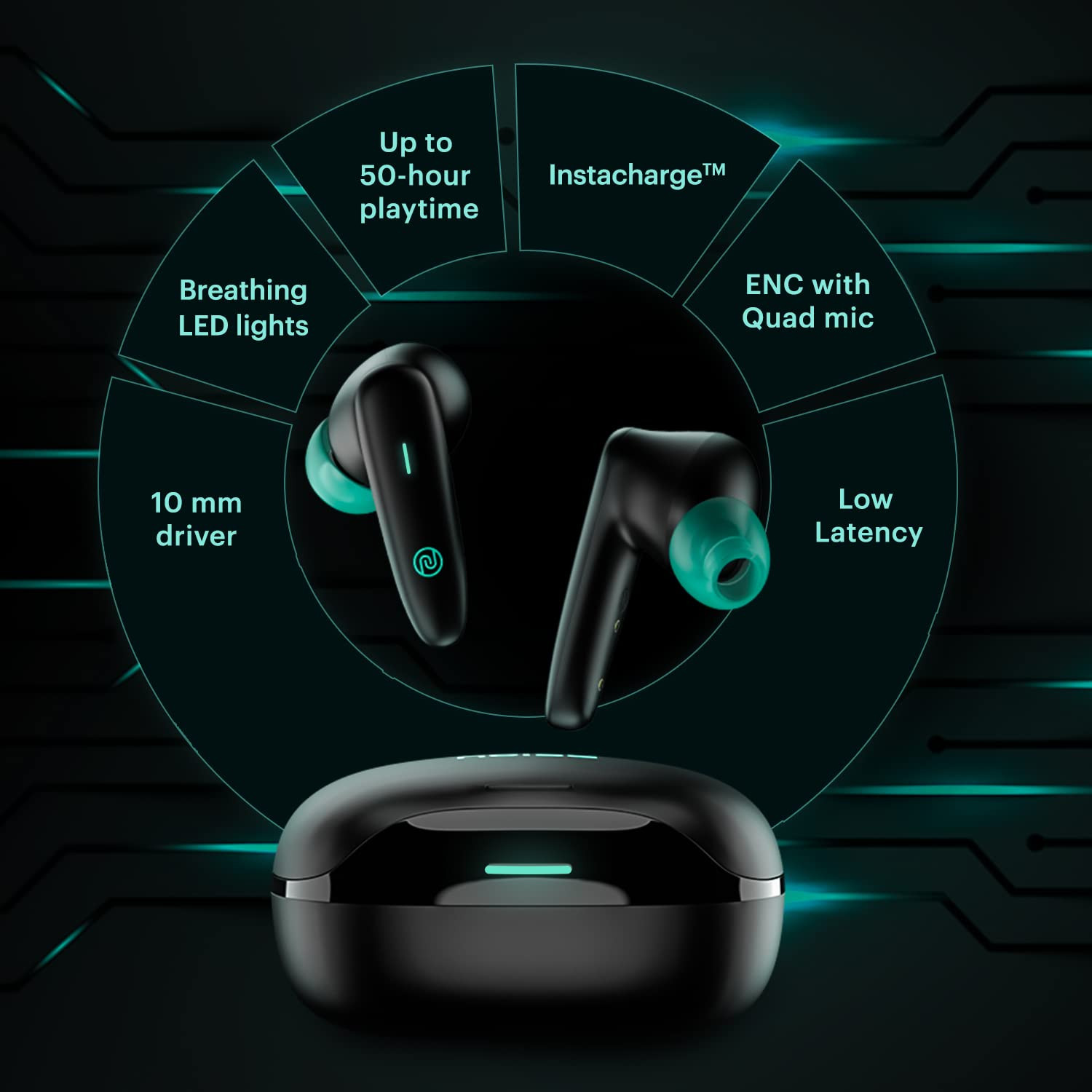 Noise Buds VS402 in Ear Truly Wireless Earbuds with 50H of Playtime Low Latency Quad Mic with ENC Instacharge10 Min120 Min10Mm Driver BT V53 Breathing LED Lights Neon Black