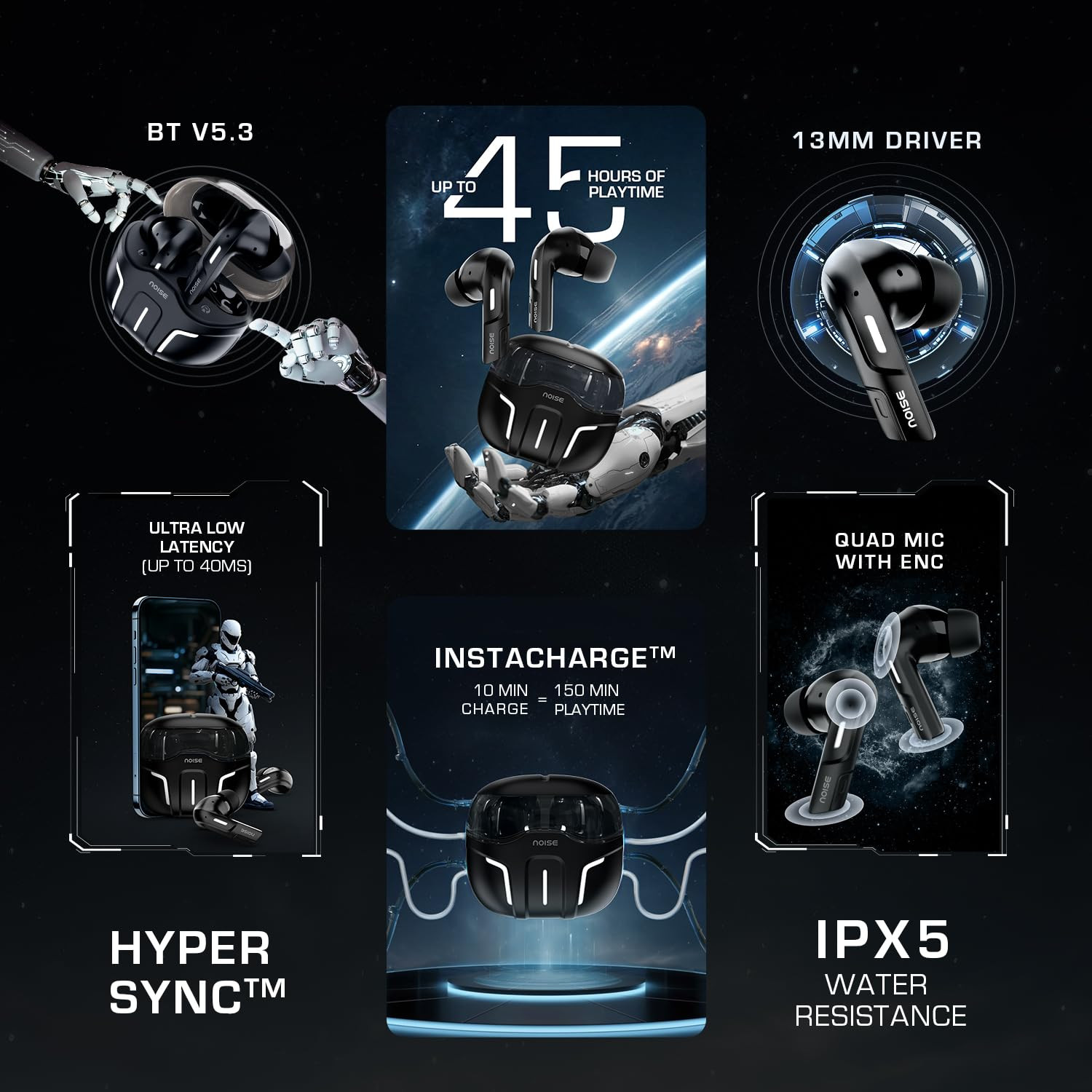 Noise Newly Launched Buds Trooper in-Ear Truly Wireless Earbuds with 45H of Playtime Quad Mic with ENC 13mm Driver Ultra Low Latencyup to 40 ms Instacharge10 min150 min BT v53Knight Black