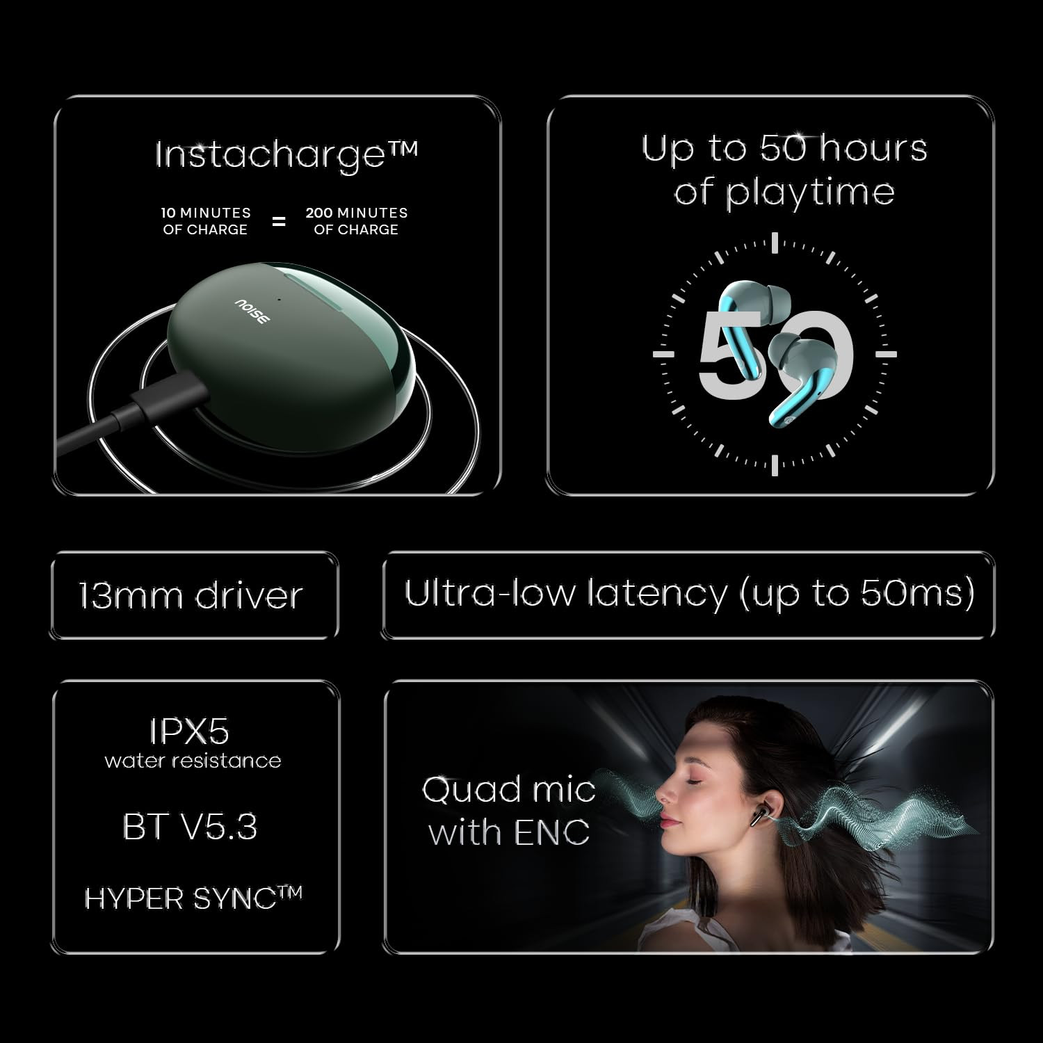 Noise Newly Launched Buds Verve 2 in-Ear Truly Wireless Earbuds with Chrome Finish 50H of Playtime Quad Mic with ENC 13mm Driver Instacharge10 min200 min BT v53Carbon Black