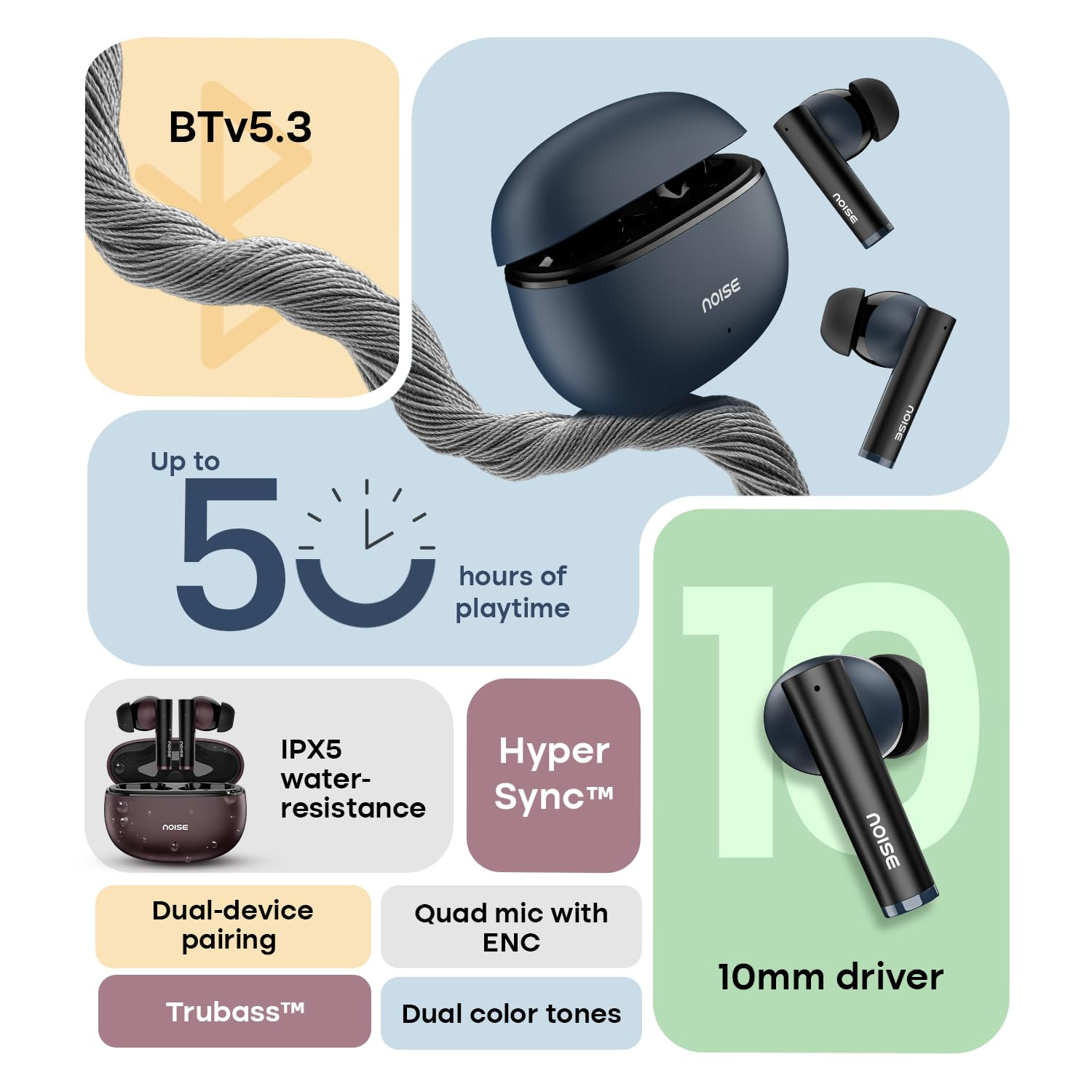 Noise Newly Launched Buds VS501 in-Ear Truly Wireless Earbuds with 50H of Playtime Quad mic ENC 10mm Driver Dual Device Pairing Dual Color Tones BT v53 Plum Wine