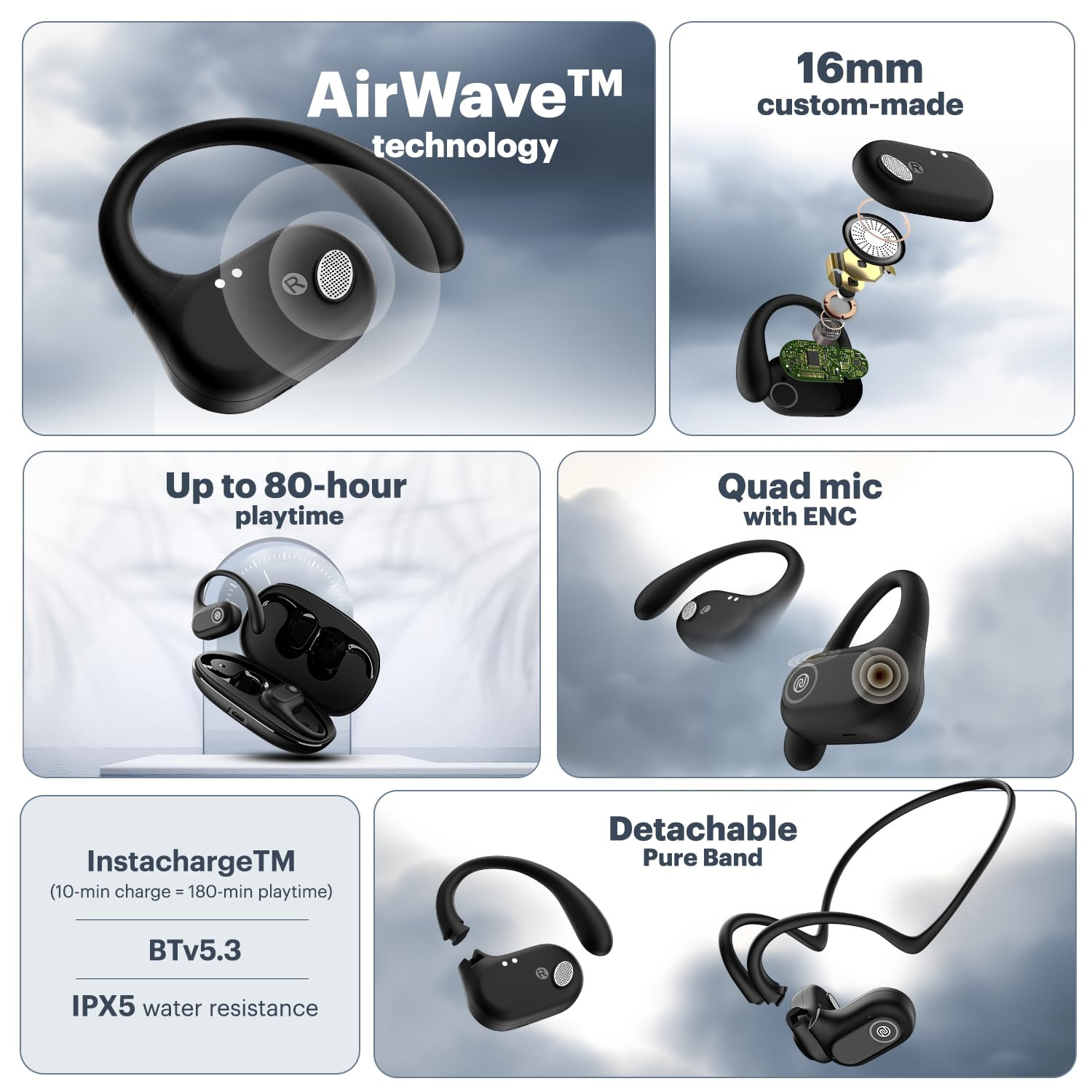 Noise Pure Pods Wireless Open Ear Earbuds with AirWave TechnologyUp-to 80H PlaytimeQuad Mic with ENC16mm Neodymium Dynamic DriverDetachable Pure BandBTv53 Power Black