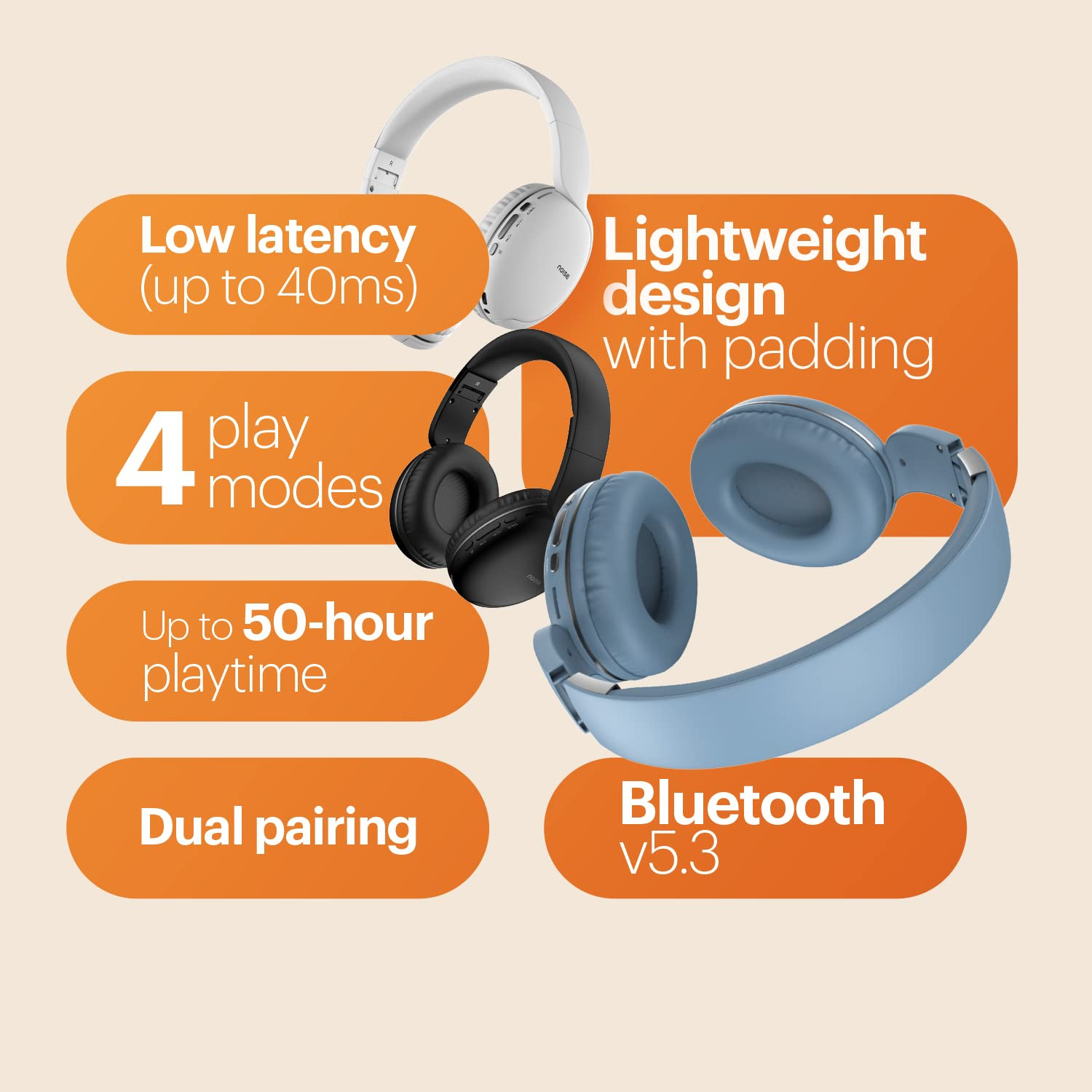 Noise Two Wireless On Ear Headphones with 50 Hours Playtime Low Latencyup to 40ms 4 Play Modes Dual Pairing BT v53 Serene Blue