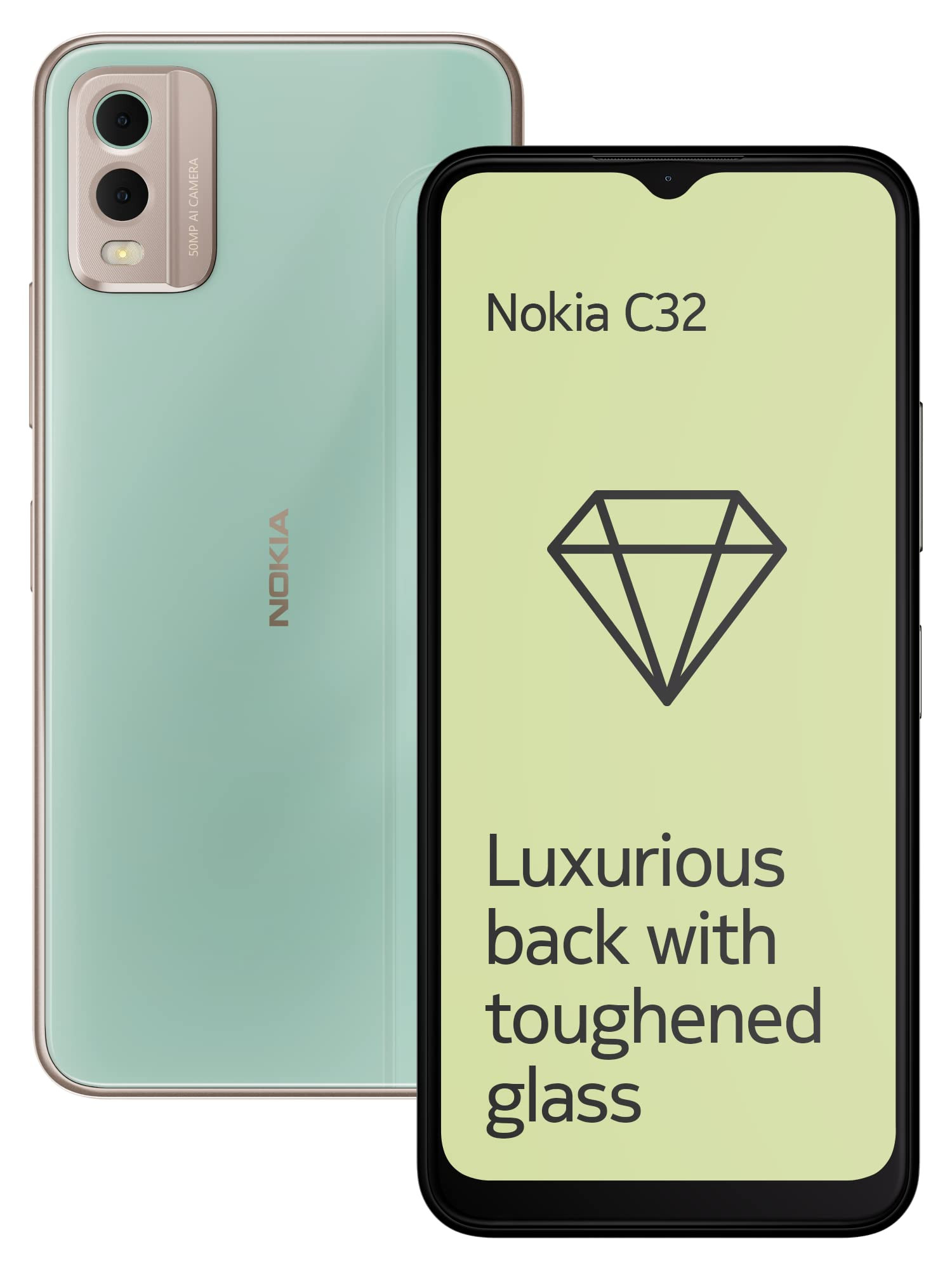 Nokia C32 with 50MP Dual Rear AI Camera  Toughened Glass Back  4GB RAM 128GB Storage  Upto 7GB RAM with RAM Extension  5000 mAh Battery  1 Year Replacement Warranty  Android 13  Breezy Mint
