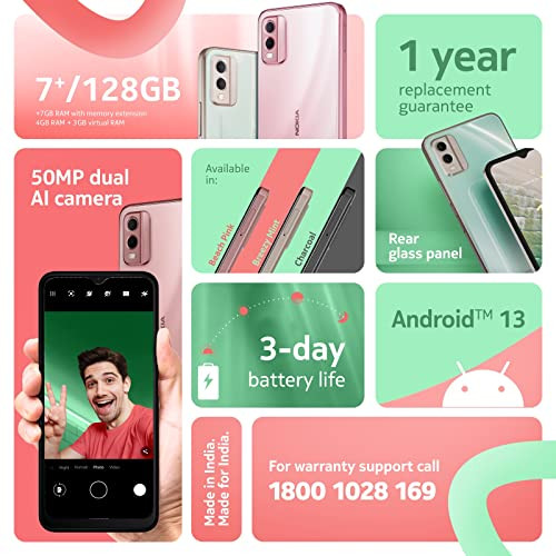 Nokia C32 with 50MP Dual Rear AI Camera  Toughened Glass Back  4GB RAM 128GB Storage  Upto 7GB RAM with RAM Extension  5000 mAh Battery  1 Year Replacement Warranty  Android 13  Breezy Mint