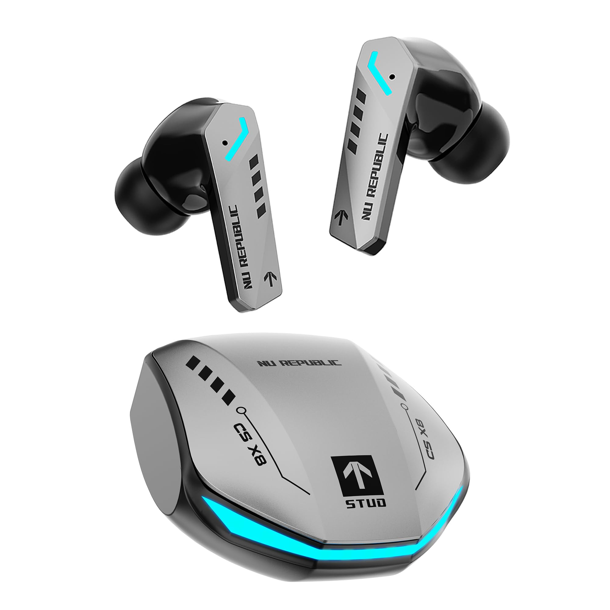 Nu Republic Cyberstud X8 TWS Wireless Earbuds - Up to 56Hrs Playtime 40ms Ultra Low Latency ENC Mics 13mm Neodymium Drivers XBass Technology Dual Mode for Gaming Music Bluetooth 53 Silver