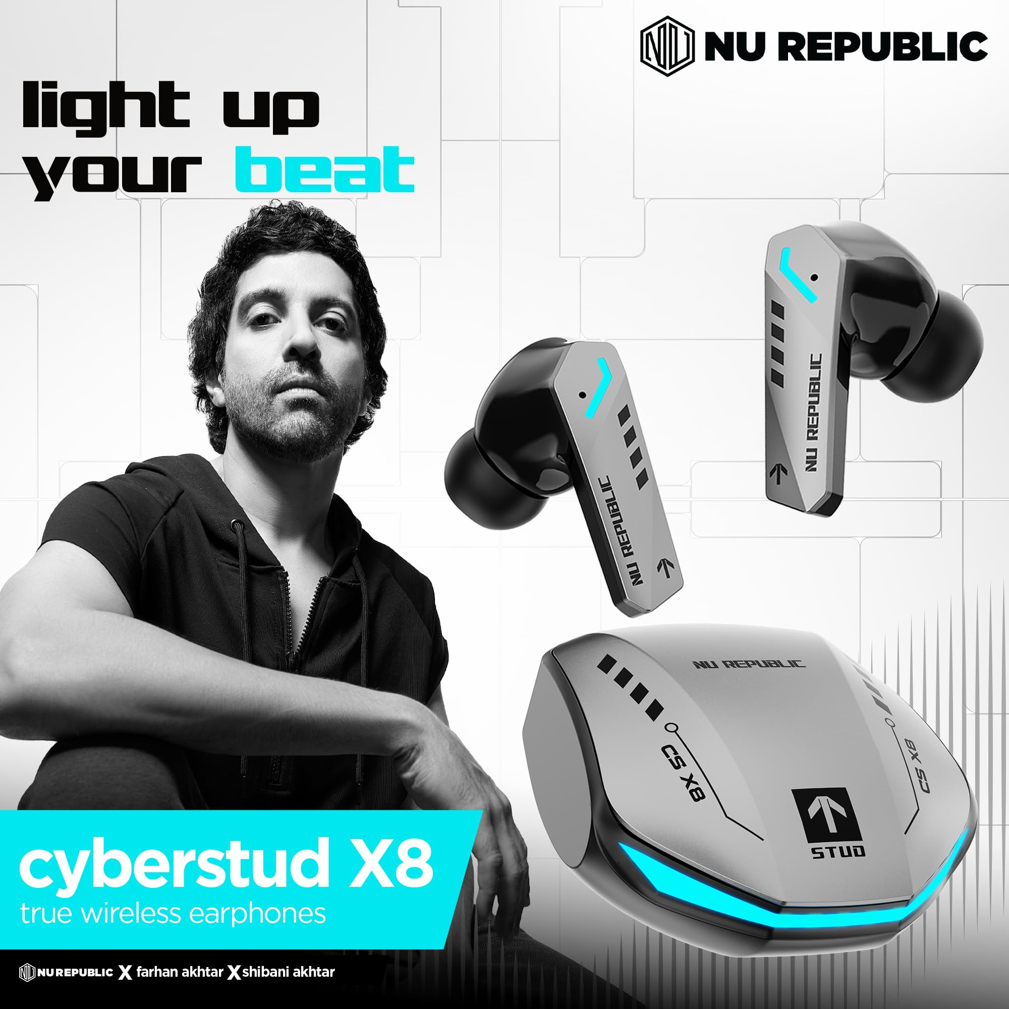 Nu Republic Cyberstud X8 TWS Wireless Earbuds - Up to 56Hrs Playtime 40ms Ultra Low Latency ENC Mics 13mm Neodymium Drivers XBass Technology Dual Mode for Gaming Music Bluetooth 53 Silver