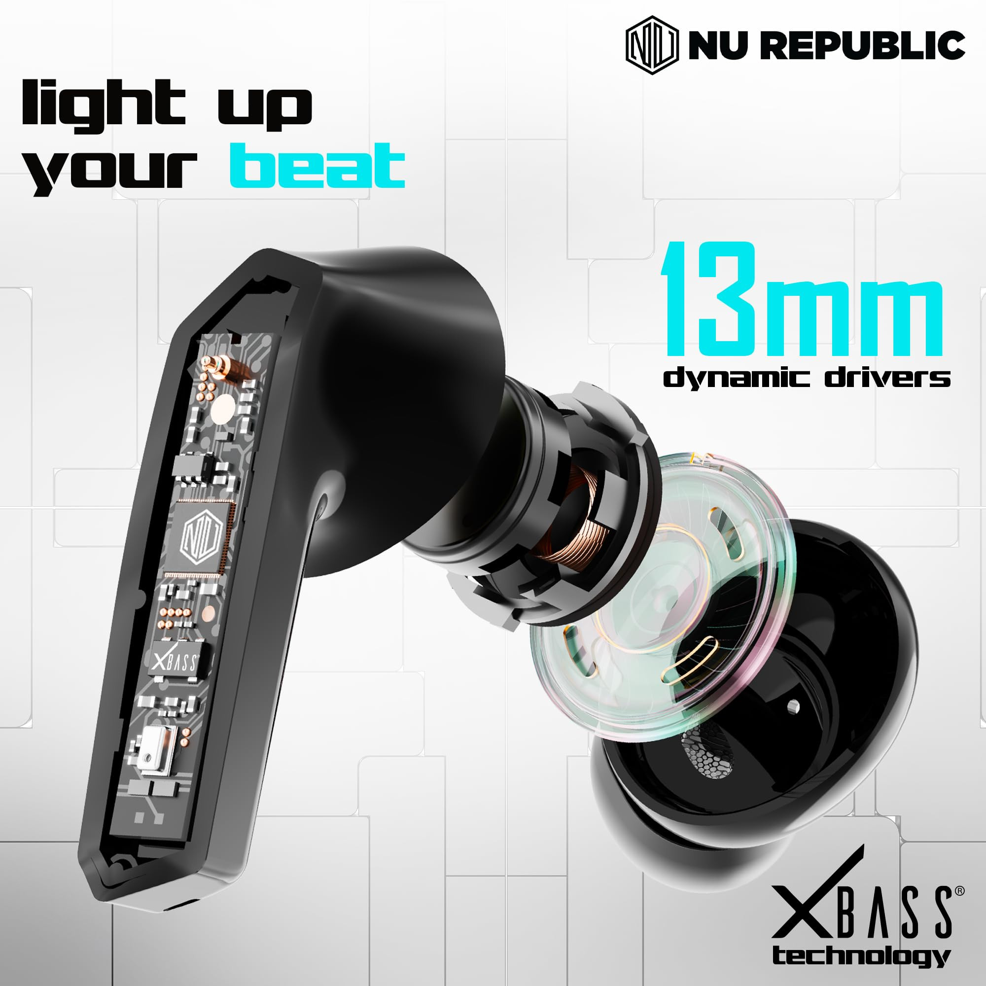 Nu Republic Cyberstud X8 TWS Wireless Earbuds - Up to 56Hrs Playtime 40ms Ultra Low Latency ENC Mics 13mm Neodymium Drivers XBass Technology Dual Mode for Gaming Music Bluetooth 53 Silver