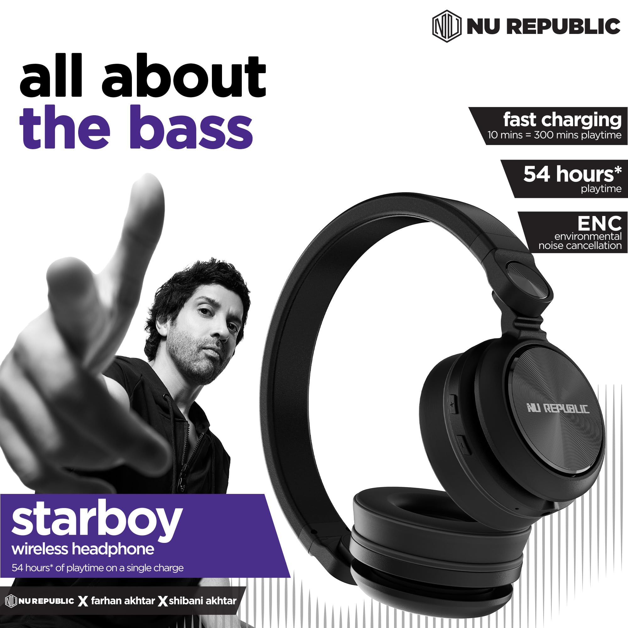 Nu Republic Starboy with 54 Hour Playtime X-Bass Technology 40mm Neodymium Drivers Gaming Mode Bluetooth V54 Dual Pairing Dual Stereo Type-C Fast Charging ENC Bluetooth Headphones Black