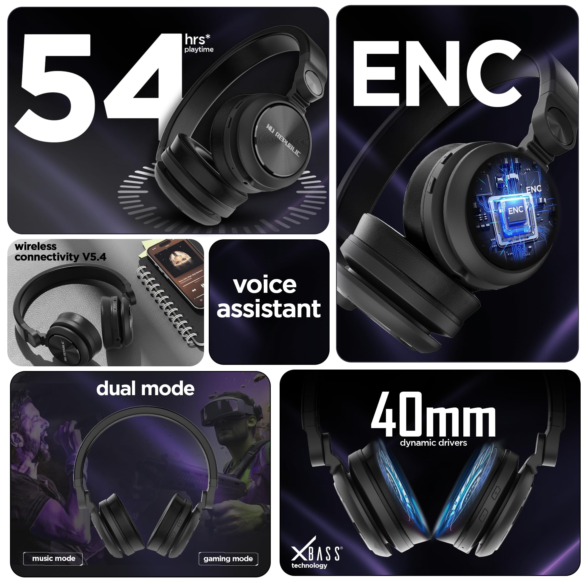 Nu Republic Starboy with 54 Hour Playtime X-Bass Technology 40mm Neodymium Drivers Gaming Mode Bluetooth V54 Dual Pairing Dual Stereo Type-C Fast Charging ENC Bluetooth Headphones Black