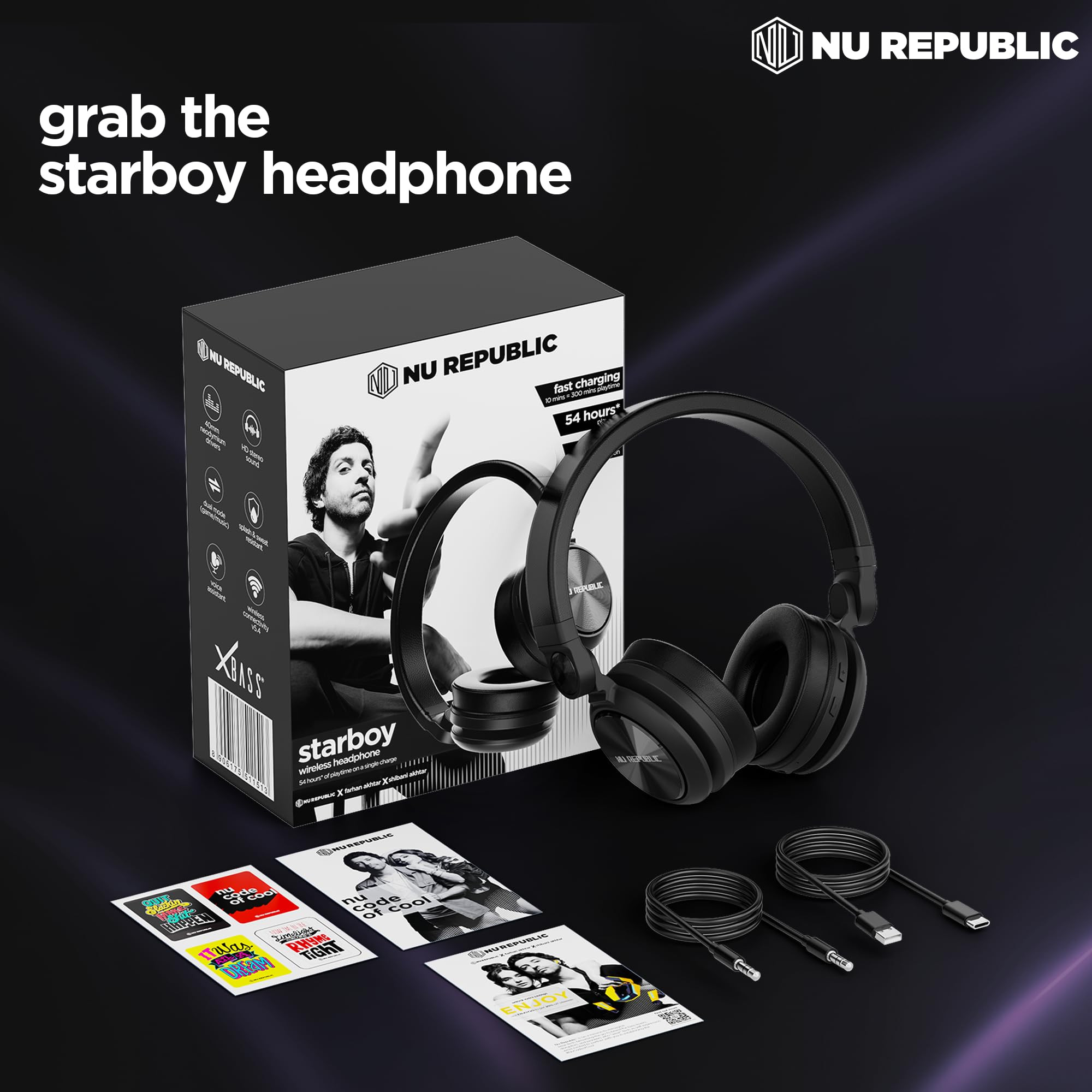 Nu Republic Starboy with 54 Hour Playtime X-Bass Technology 40mm Neodymium Drivers Gaming Mode Bluetooth V54 Dual Pairing Dual Stereo Type-C Fast Charging ENC Bluetooth Headphones Black