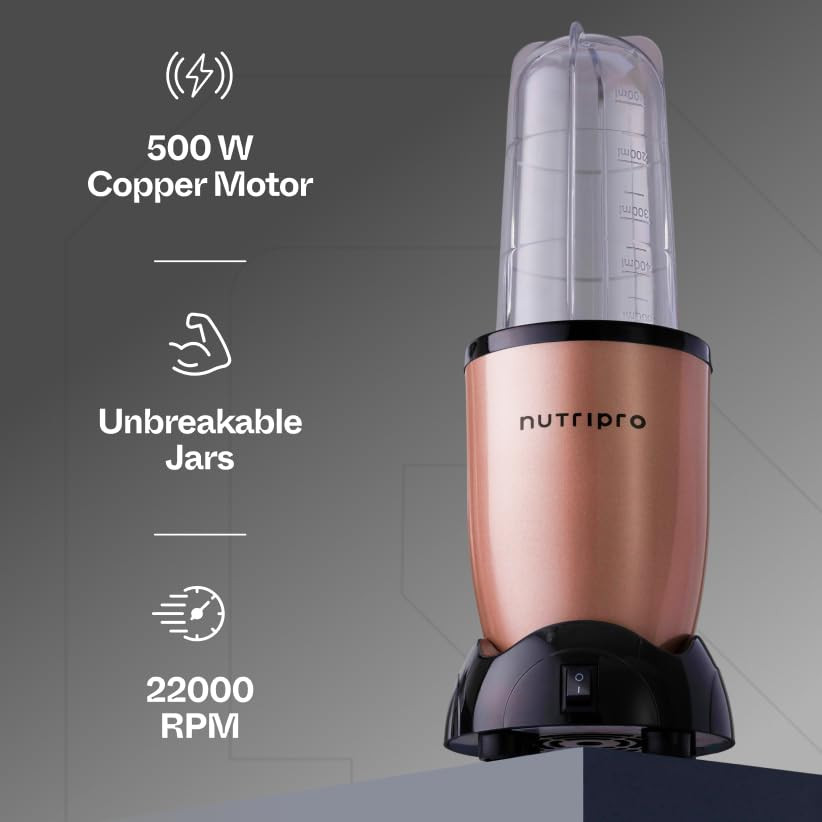 Nutripro Juicer Mixer Grinder Smoothie Maker - 500 Watts 2 Jars 1 Blade Gold - 2 Year Warranty