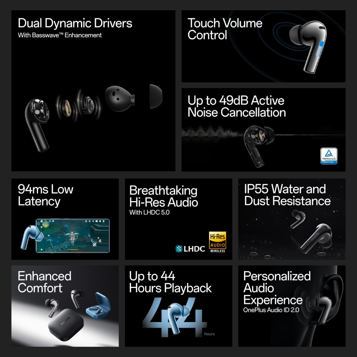 OnePlus Buds 3 in Ear TWS Bluetooth Earbuds with Upto 49dB Smart Adaptive Noise Cancellation Metallic Gray