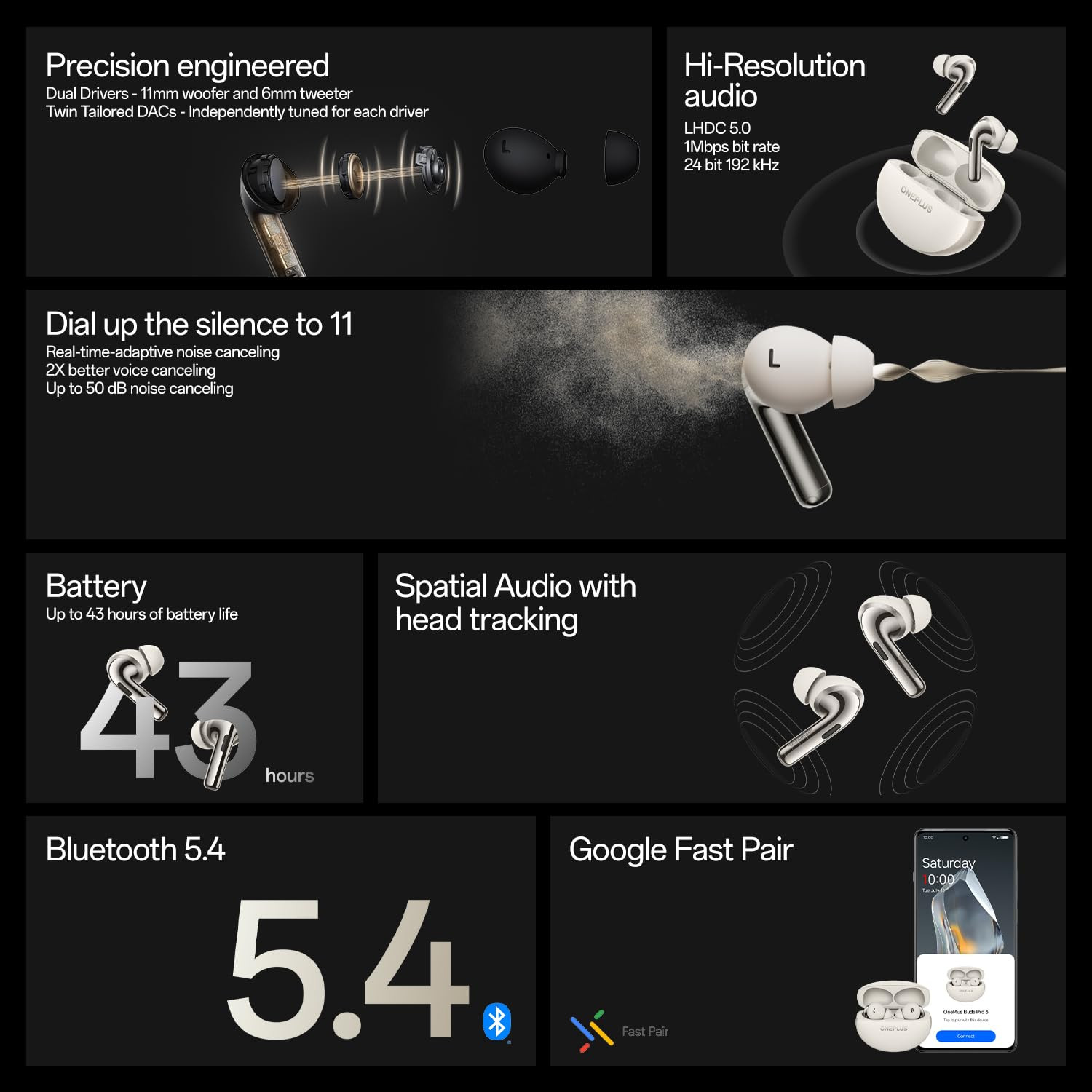 OnePlus Buds Pro 3 Bluetooth TWS in-Earbuds Dual Drivers Dual Dacs Dynaudio Eqs AI-Powered Translator Up to 50Db Adaptive Noise Cancellation Up to 43Hrs Battery