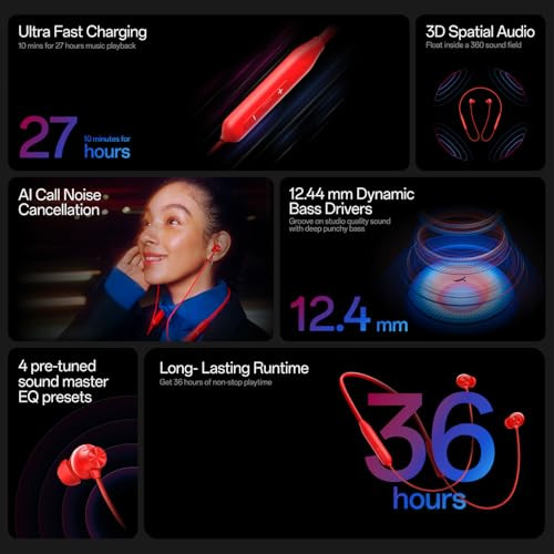 OnePlus Bullets Wireless Z3 in-Ear Neckband with 124mm Drivers 3D Spatial Audio10 mins Charge for 27 hrs Playback AI Call Noise Cancellation 4 EQ preset Dynamic bass Enhancement BT54