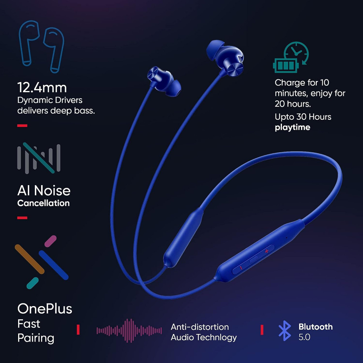 OnePlus Bullets Z2 Bluetooth Wireless in Ear Earphones with Mic Bombastic Bass - 124 Mm Drivers 10 Mins Charge - 20 Hrs Music 30 Hrs Battery Life Beam Blue