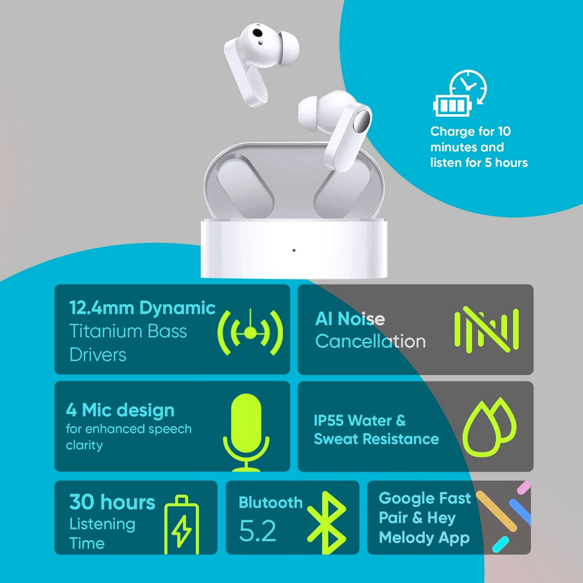 Oneplus Nord Buds True Wireless in Ear Earbuds with Mic 124mm White Marble