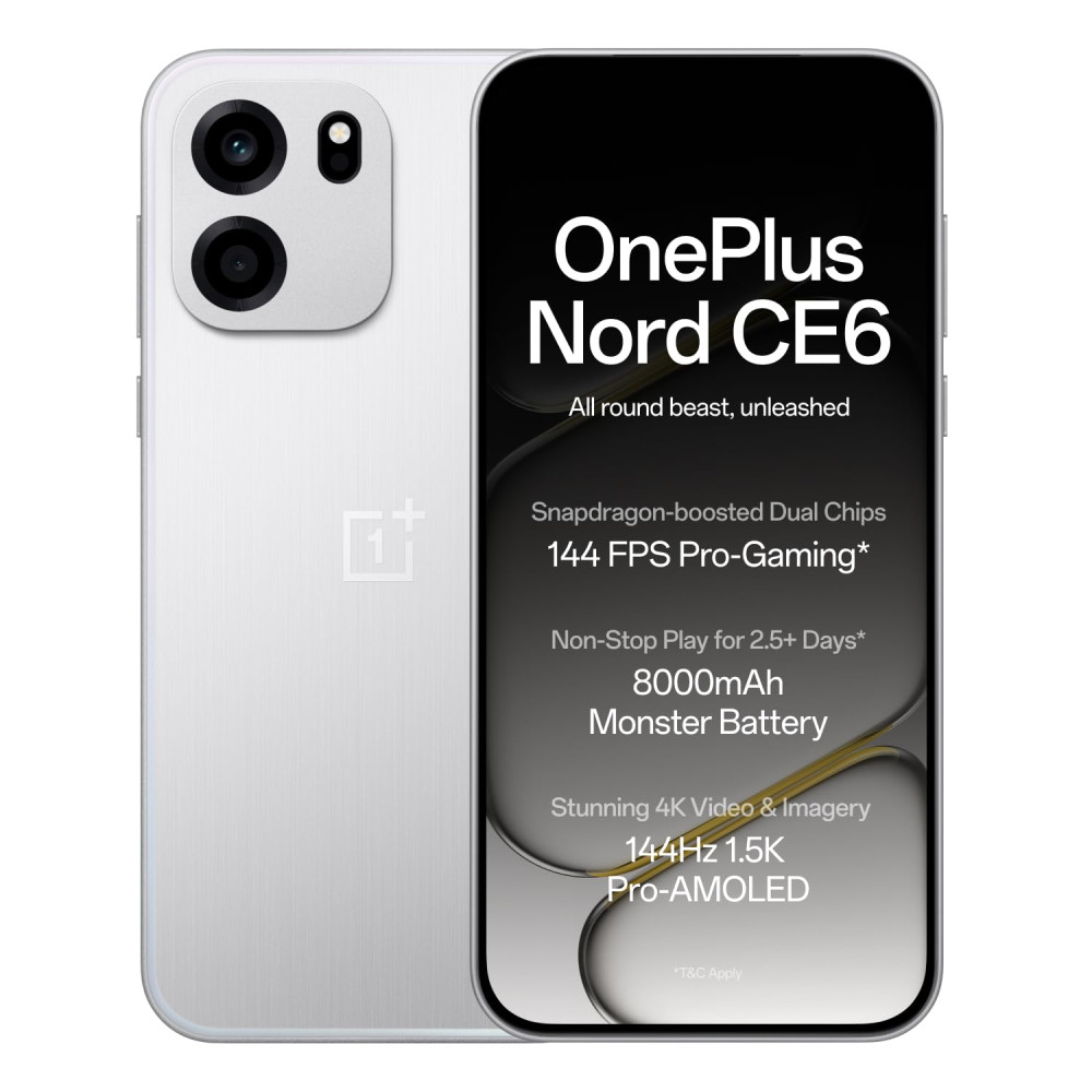 Image of OnePlus Nord CE6 | 8GB+256GB | Lunar Pearl | Snapdragon 7s Gen 4 | Segment's Fastest Touch Response | 8000mAh Battery | 144Hz 1.5K AMOLED Display | 50MP Main + 32MP Selfie 4K Cameras | IP66,68,69,69K