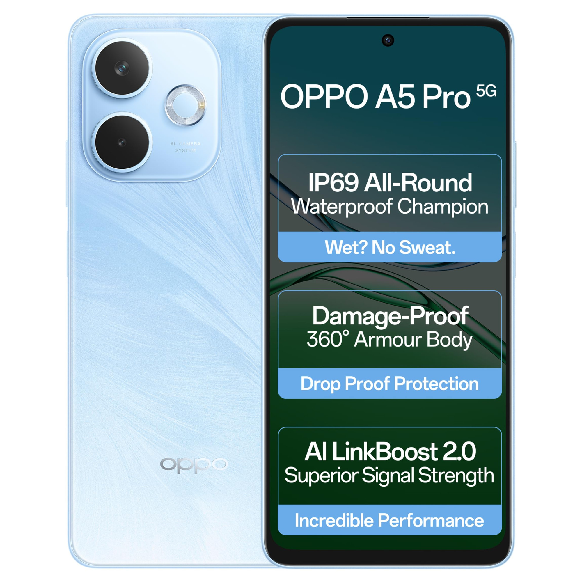 OPPO A5 Pro 5G Feather Blue 8GB RAM 256GB Storage667 HD 120Hz Refresh Rate Screen  45W SUPERVOOCwith No Cost EMIAdditional Exchange Offers
