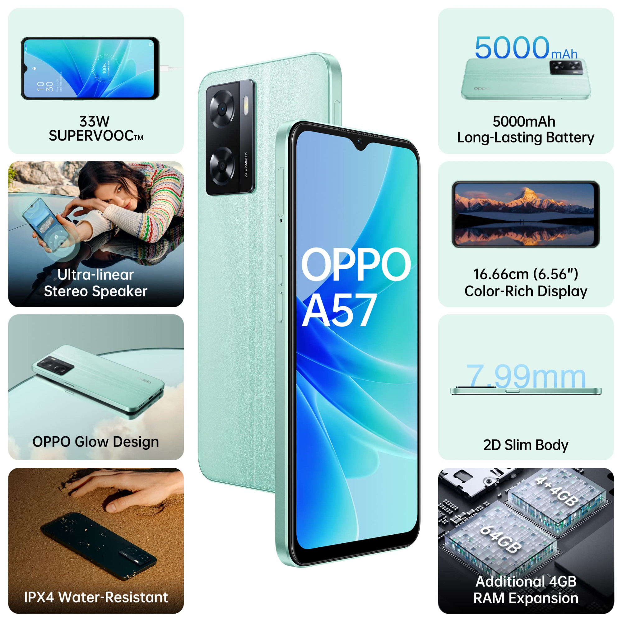 Oppo A57 Glowing Green 4GB RAM 64 Storage with No Cost EMIAdditional Exchange Offers