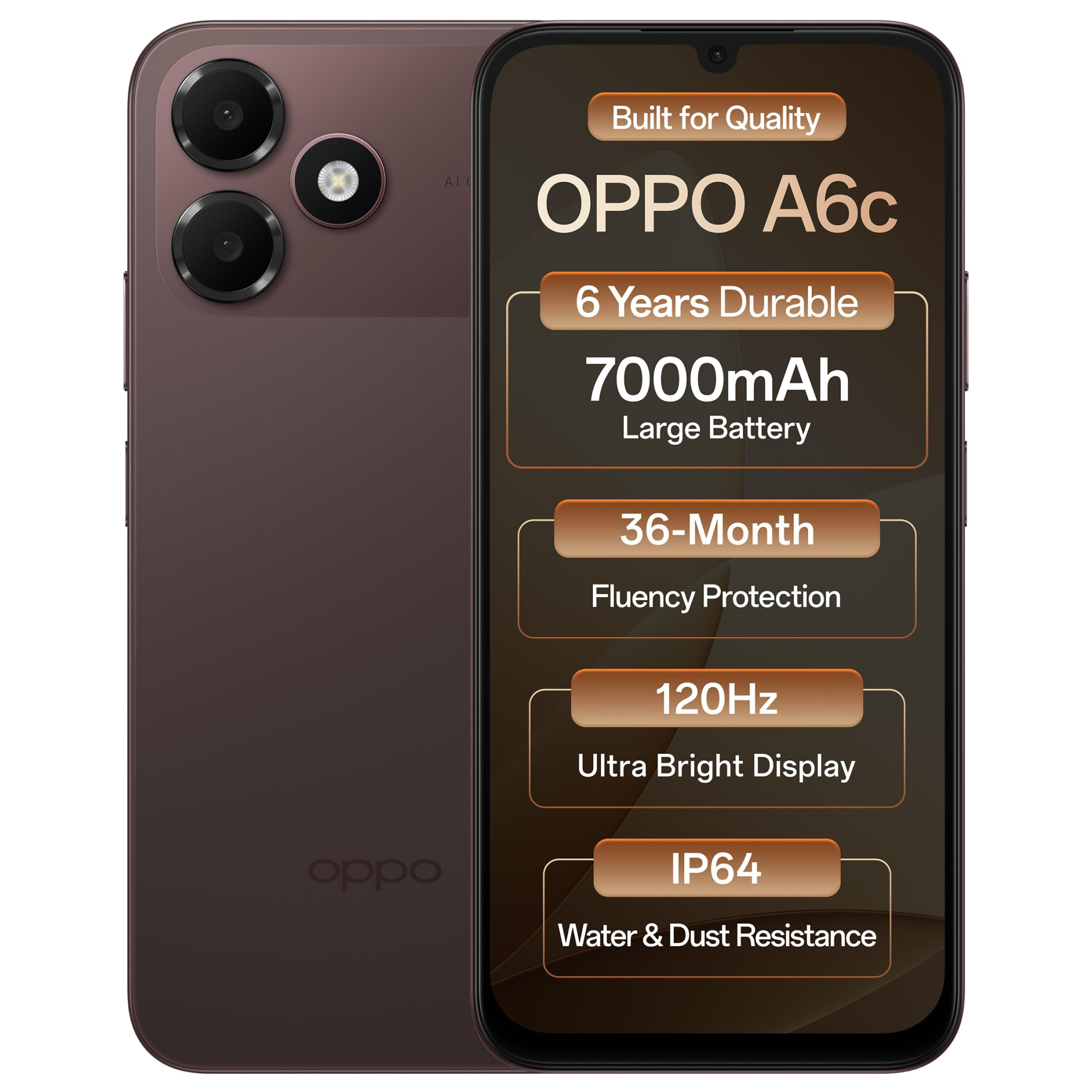 Oppo A6c 4G Stone Brown 4GB RAM 64GB Storage  7000mAh Long-Lasting Battery  120Hz Ultra Bright Display  IP64 Protection  13MP Camera -with No Cost EMIAdditional Exchange Offers
