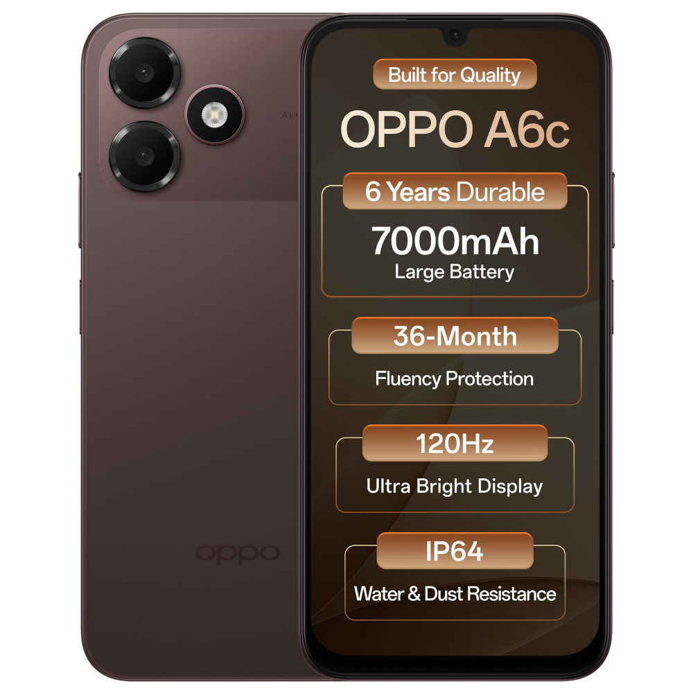 Image of Oppo A6c 4G (Stone Brown, 4GB RAM, 64GB Storage) | 7000mAh Long-Lasting Battery | 120Hz Ultra Bright Display | IP64 Protection | 13MP Camera -with No Cost EMI/Additional Exchange Offers