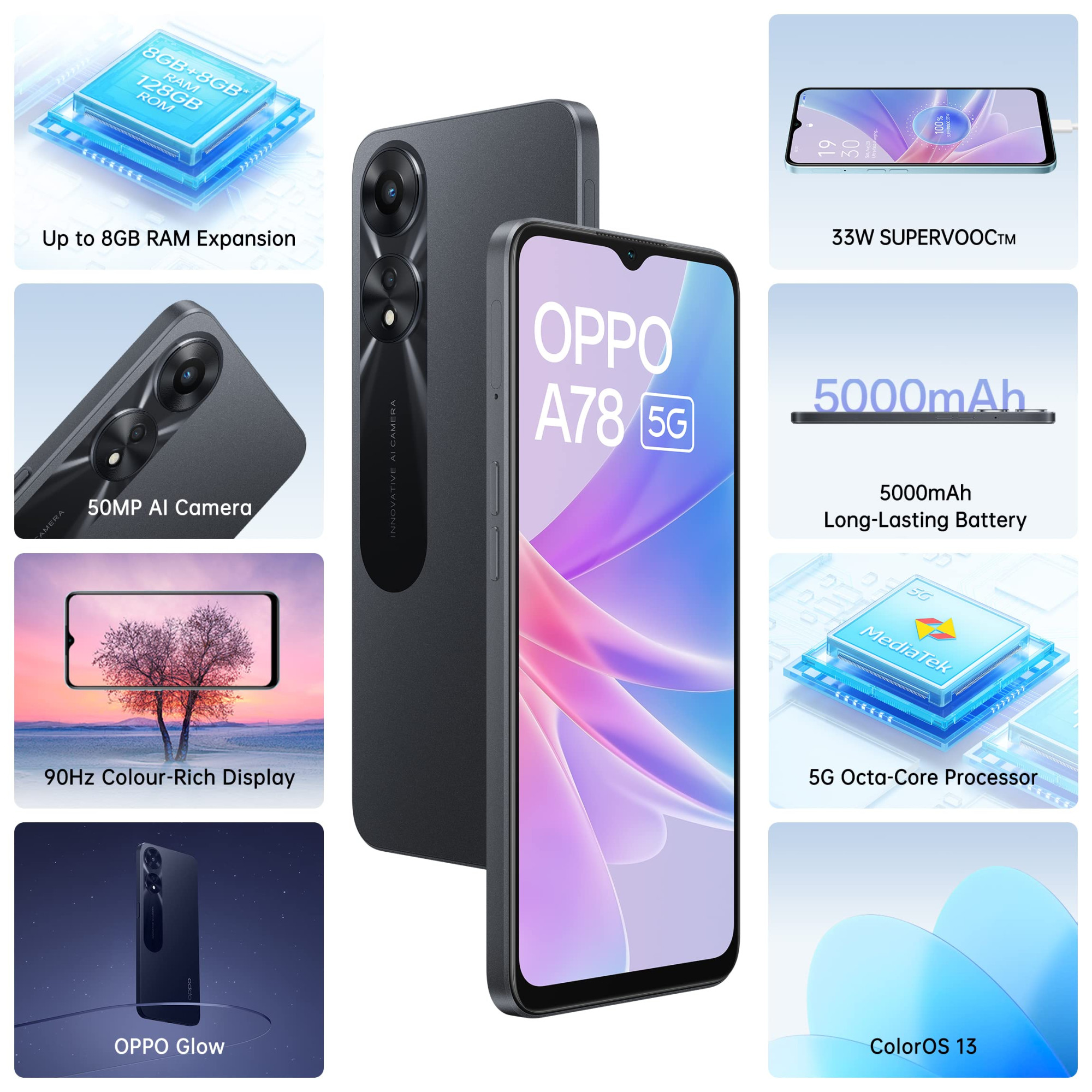 Oppo A78 5G Glowing Black 8GB RAM 128 Storage 5000 mAh Battery with 33W SUPERVOOC Charger 50MP AI Camera 90Hz Refresh Rate with No Cost EMIAdditional Exchange Offers