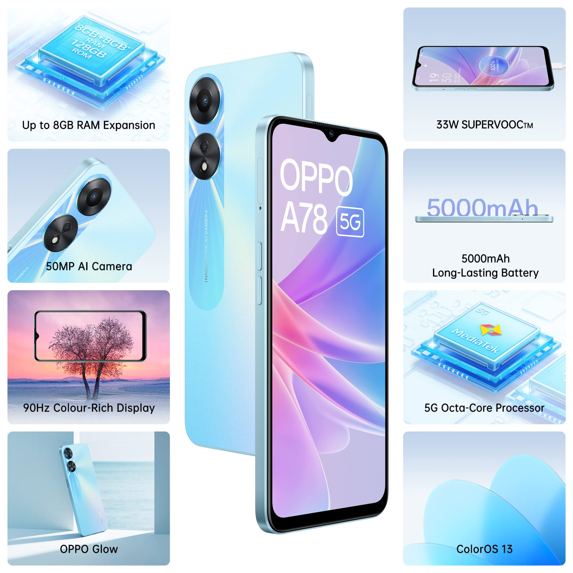 Oppo A78 5G Glowing Blue 8GB RAM 128 Storage 5000 mAh Battery with 33W SUPERVOOC Charger 50MP AI Camera 90Hz Refresh Rate with No Cost EMIAdditional Exchange Offers