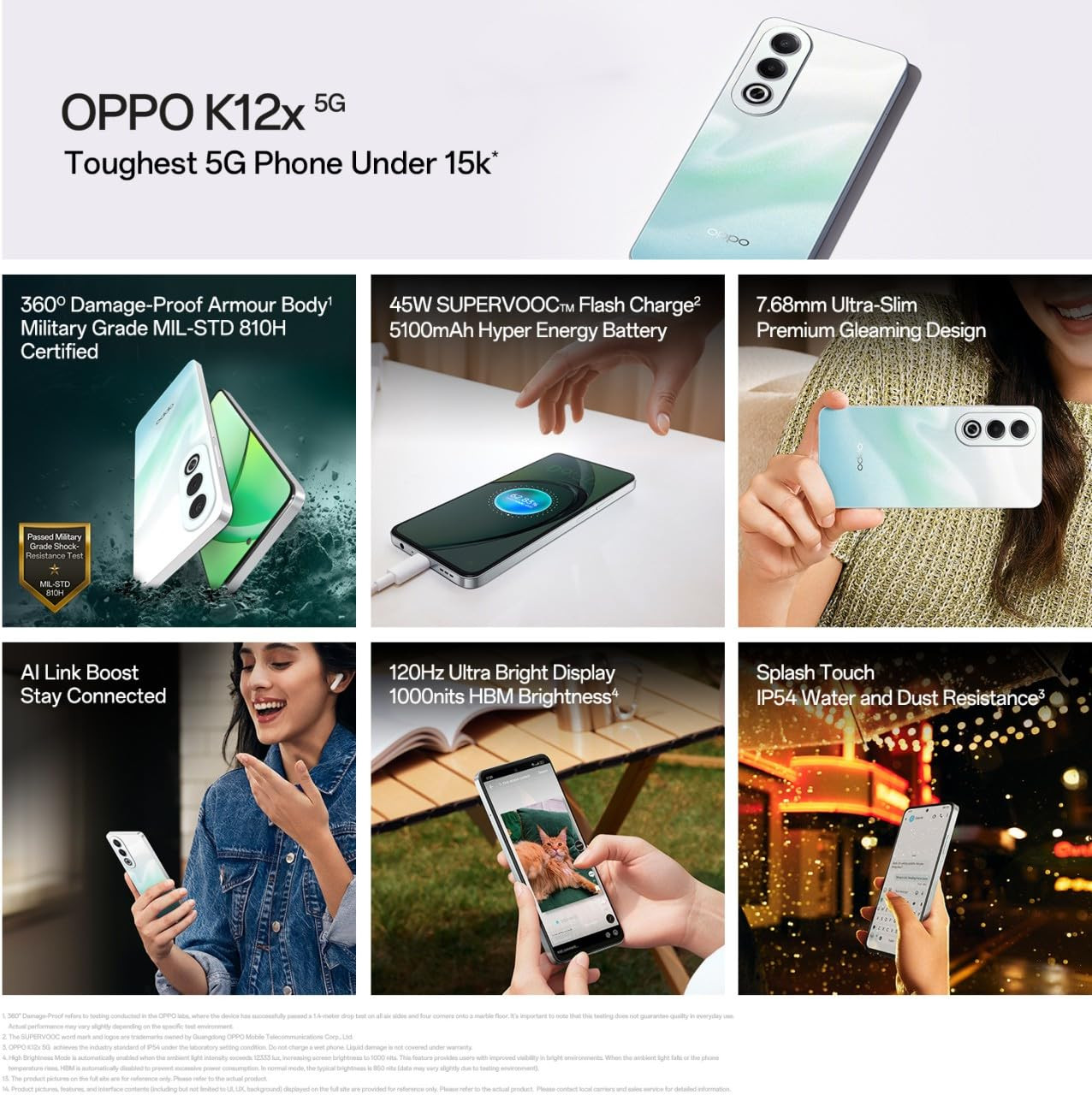 Oppo K12x 5G Smartphone 8GB RAM 256GB Storage 1694cm LCD Display 5100mAh Battery 45W SUPERVOOC Flash Charge 360 Damage-Proof Armour Body Charger in The Box Breeze Blue