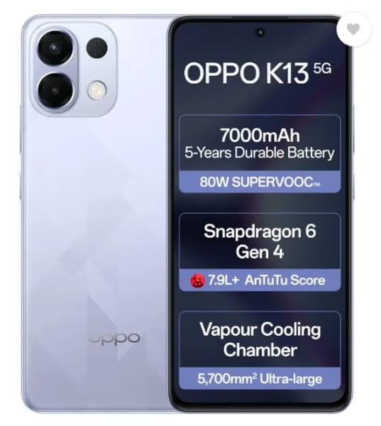 Image of OPPO K13 5G with 7000mAh and 80W SUPERVOOC Charger in-The-Box, ICY Purple (8GB, 128GB)
