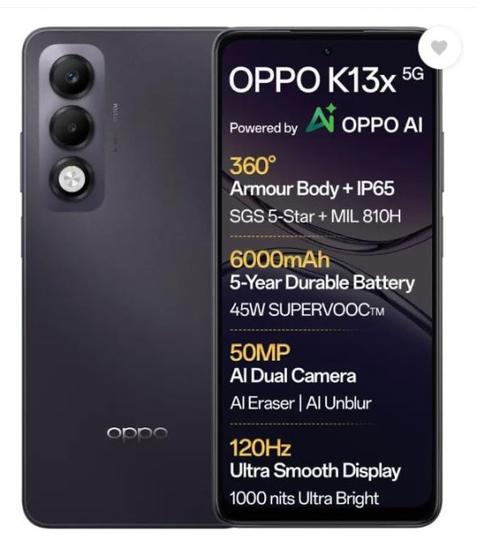 Image of OPPO K13x 5G 6000mAh and 45W SUPERVOOC Charger &amp; AI (Midnight Violet, 128 GB) (6 GB RAM)