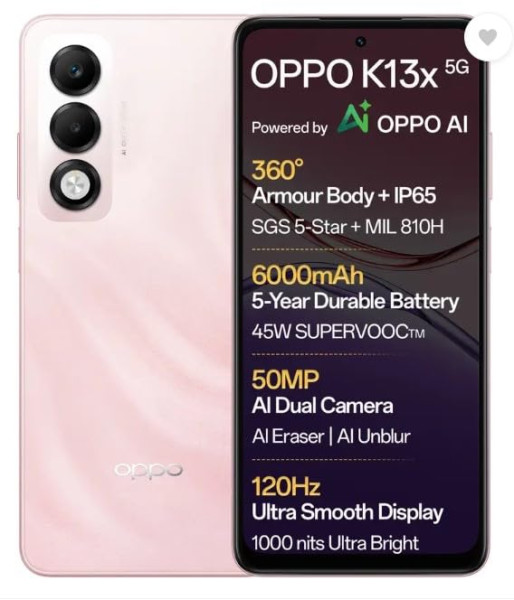 Image of OPPO K13x 5G 6000mAh and 45W SUPERVOOC Charger &amp; AI (Sunset Peach, 128 GB) (6 GB RAM)