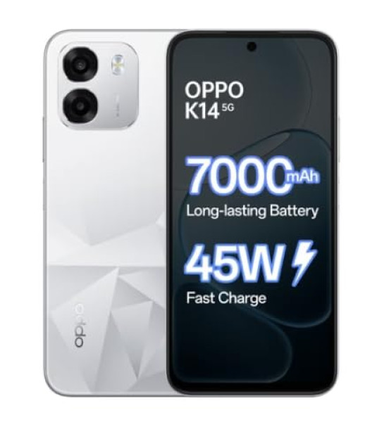 Image of OPPO K14 5G Smartphone, Prism White, 6GB RAM, 128GB Storage, 7000 mAh Battery, 45W Fast Charge