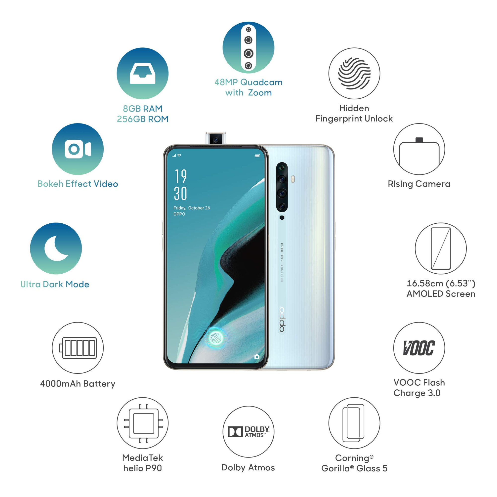 OPPO Reno2 Z Sky White 8GB RAM 256GB Storage with No Cost EMIAdditional Exchange Offers