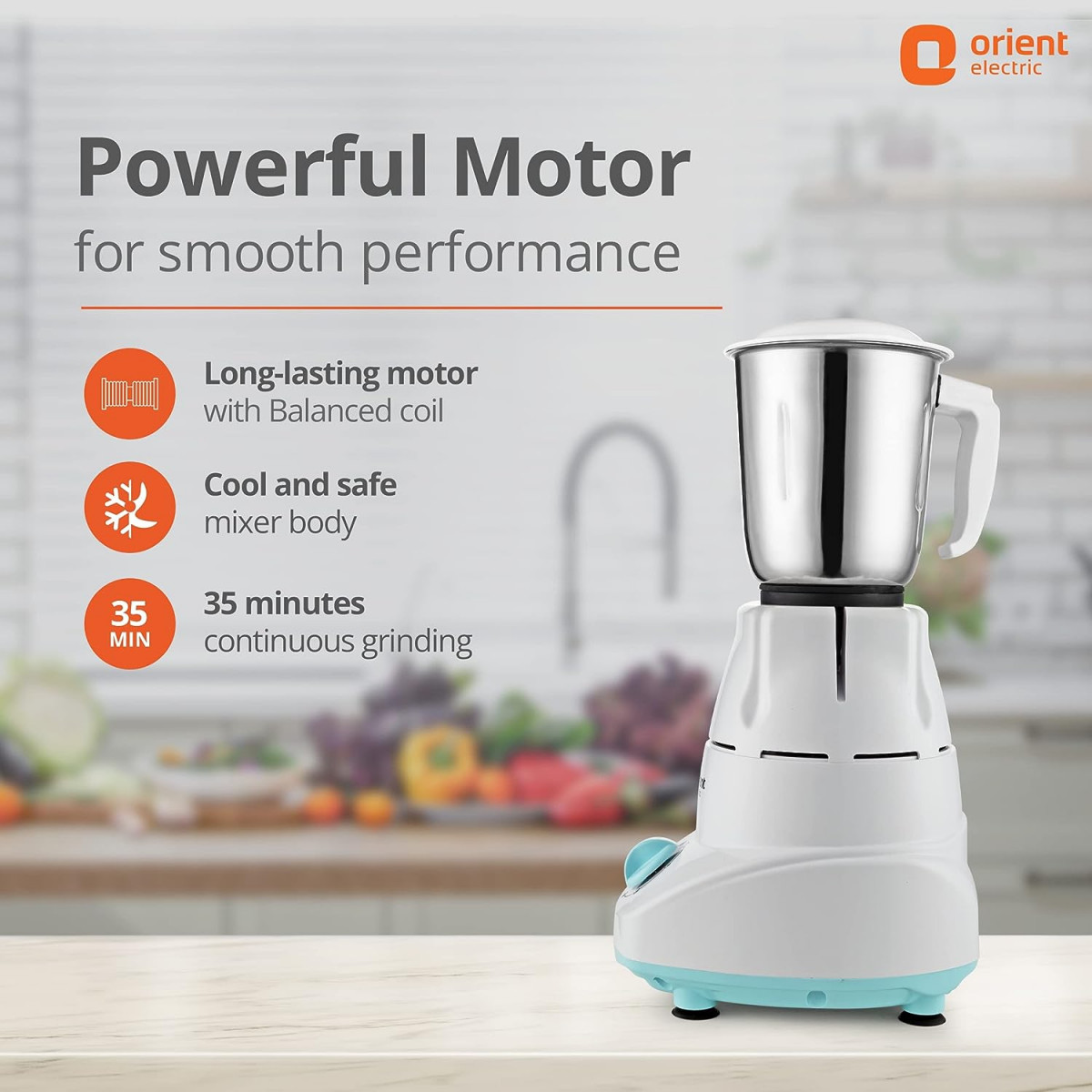 Orient Electric 500W mixer grinder Kitchen Kraft 500 MGKK50B3 with 3 SS jars Longer life balanced coil motor ABS body Uniform grinding 5 years motor warranty