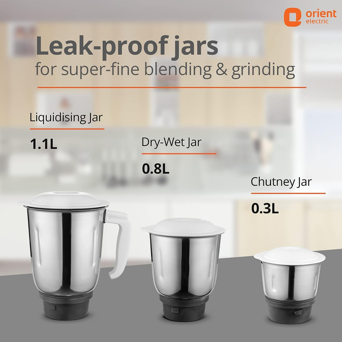 Orient Electric 500W mixer grinder Kitchen Kraft 500 MGKK50B3 with 3 SS jars Longer life balanced coil motor ABS body Uniform grinding 5 years motor warranty