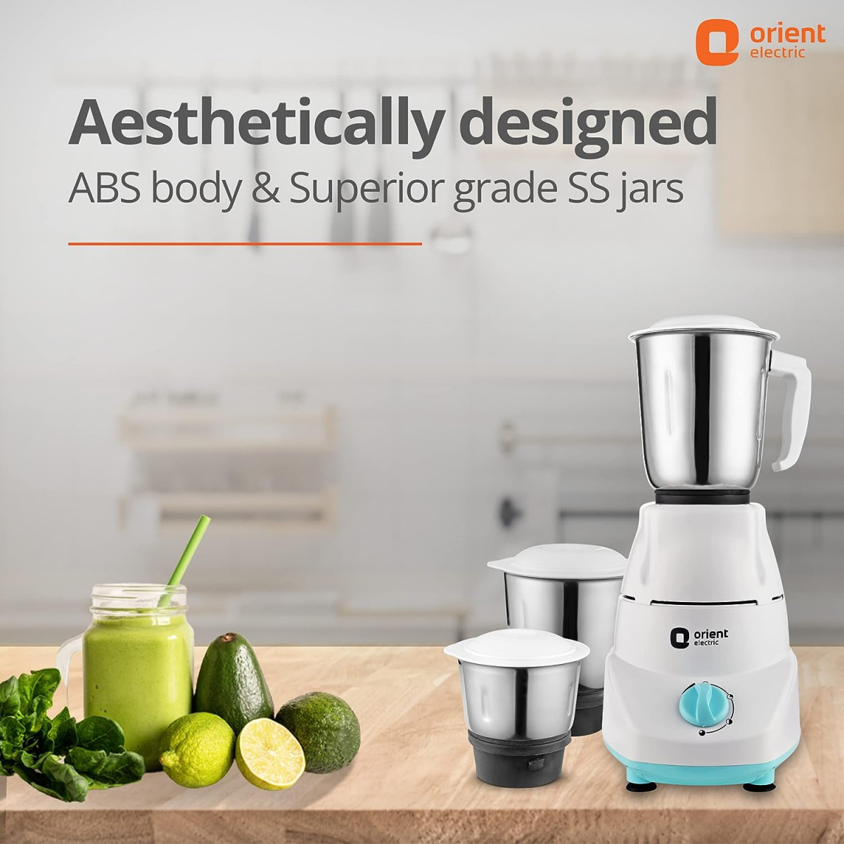 Orient Electric 500W mixer grinder Kitchen Kraft 500 MGKK50B3 with 3 SS jars Longer life balanced coil motor ABS body Uniform grinding 5 years motor warranty