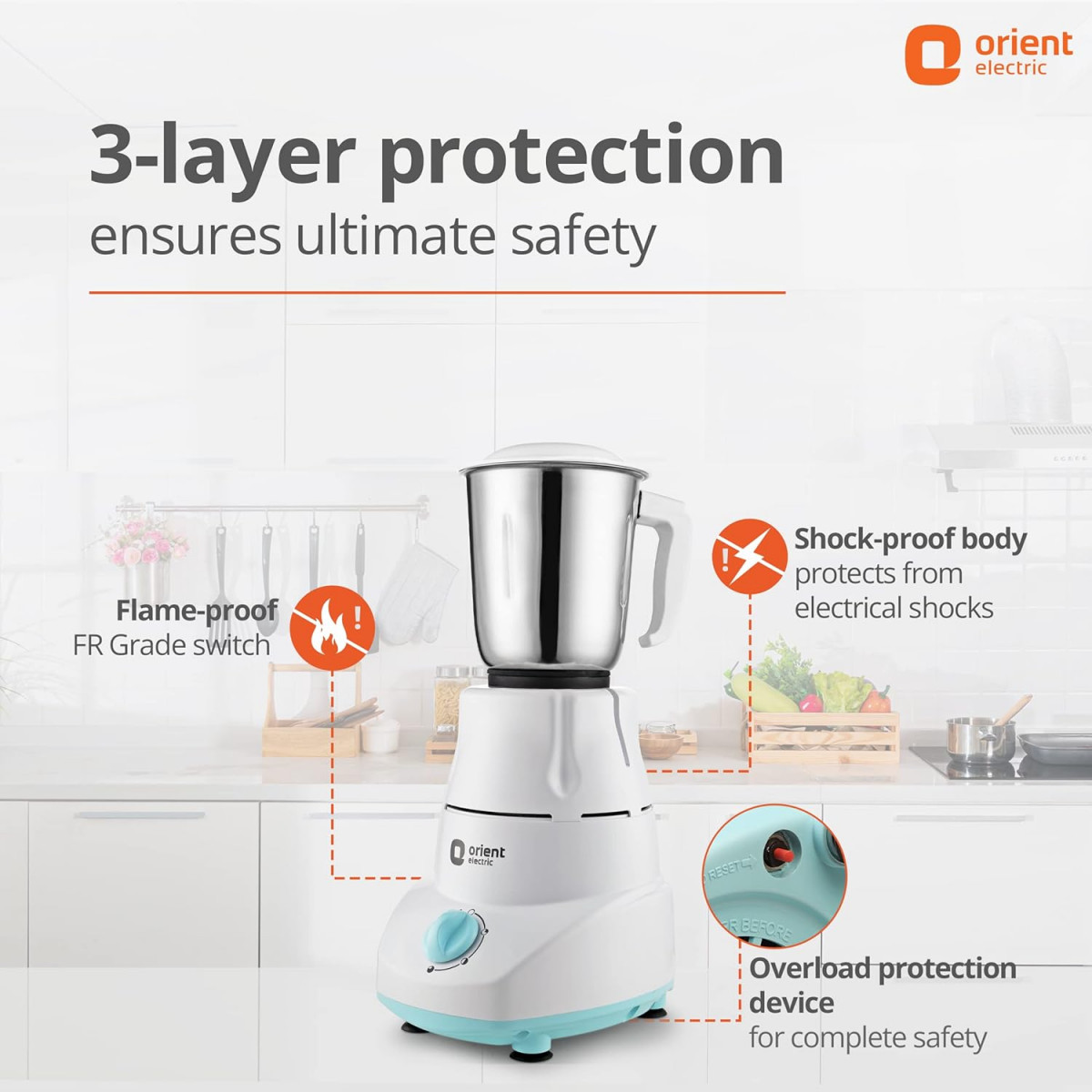 Orient Electric 500W mixer grinder Kitchen Kraft 500 MGKK50B3 with 3 SS jars Longer life balanced coil motor ABS body Uniform grinding 5 years motor warranty