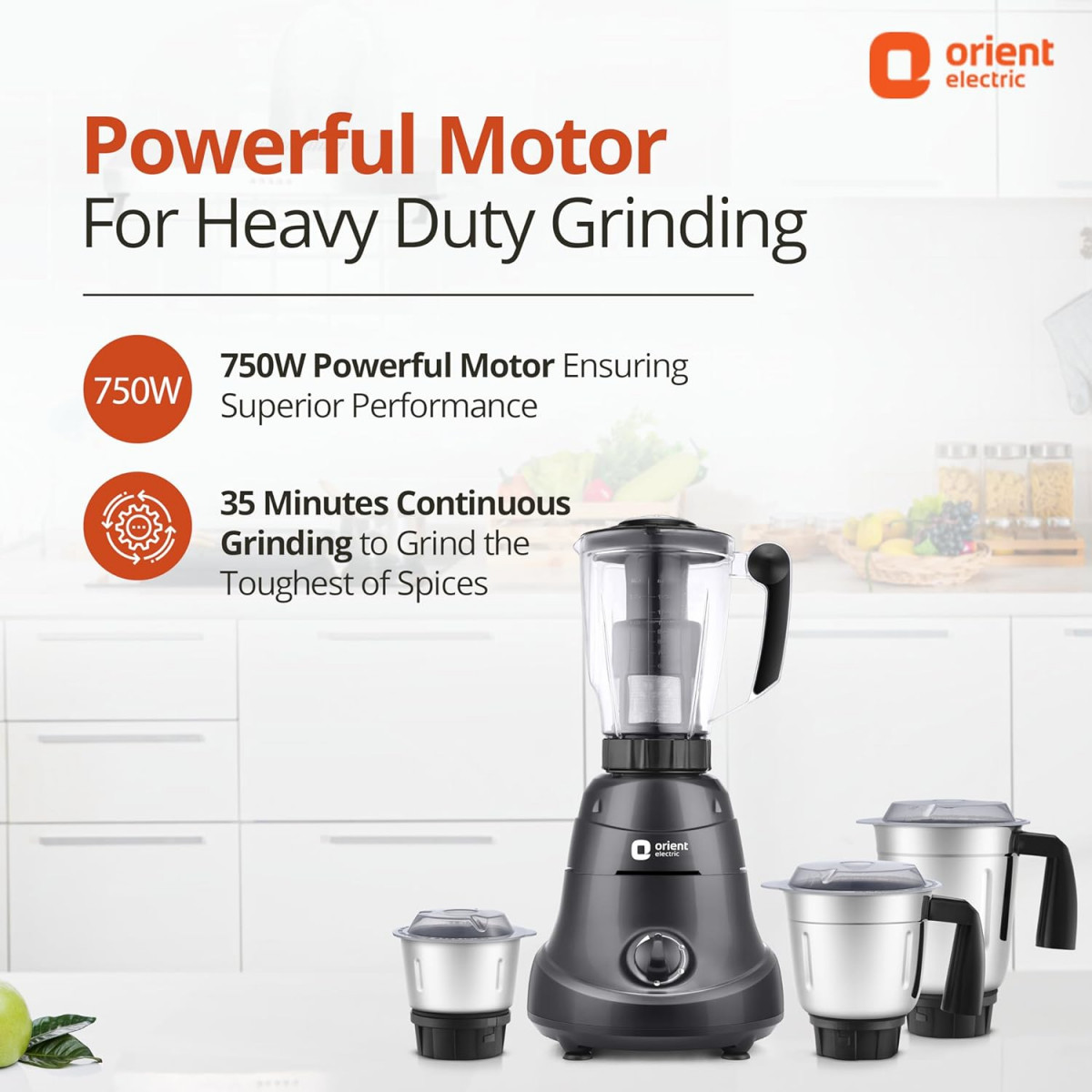 Orient Electric 750W Mixer Grinder with Juicer Super Power 750 MGSP75B4 4 jar with 3 SS Jars and 1 PC juicing jar with Seive Longer Life Balanced Coil Motor 5 Years Motor Warranty
