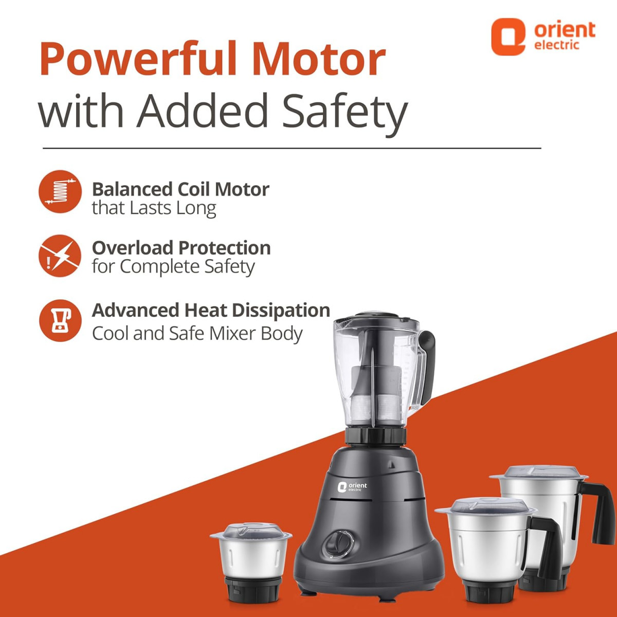 Orient Electric 750W Mixer Grinder with Juicer Super Power 750 MGSP75B4 4 jar with 3 SS Jars and 1 PC juicing jar with Seive Longer Life Balanced Coil Motor 5 Years Motor Warranty